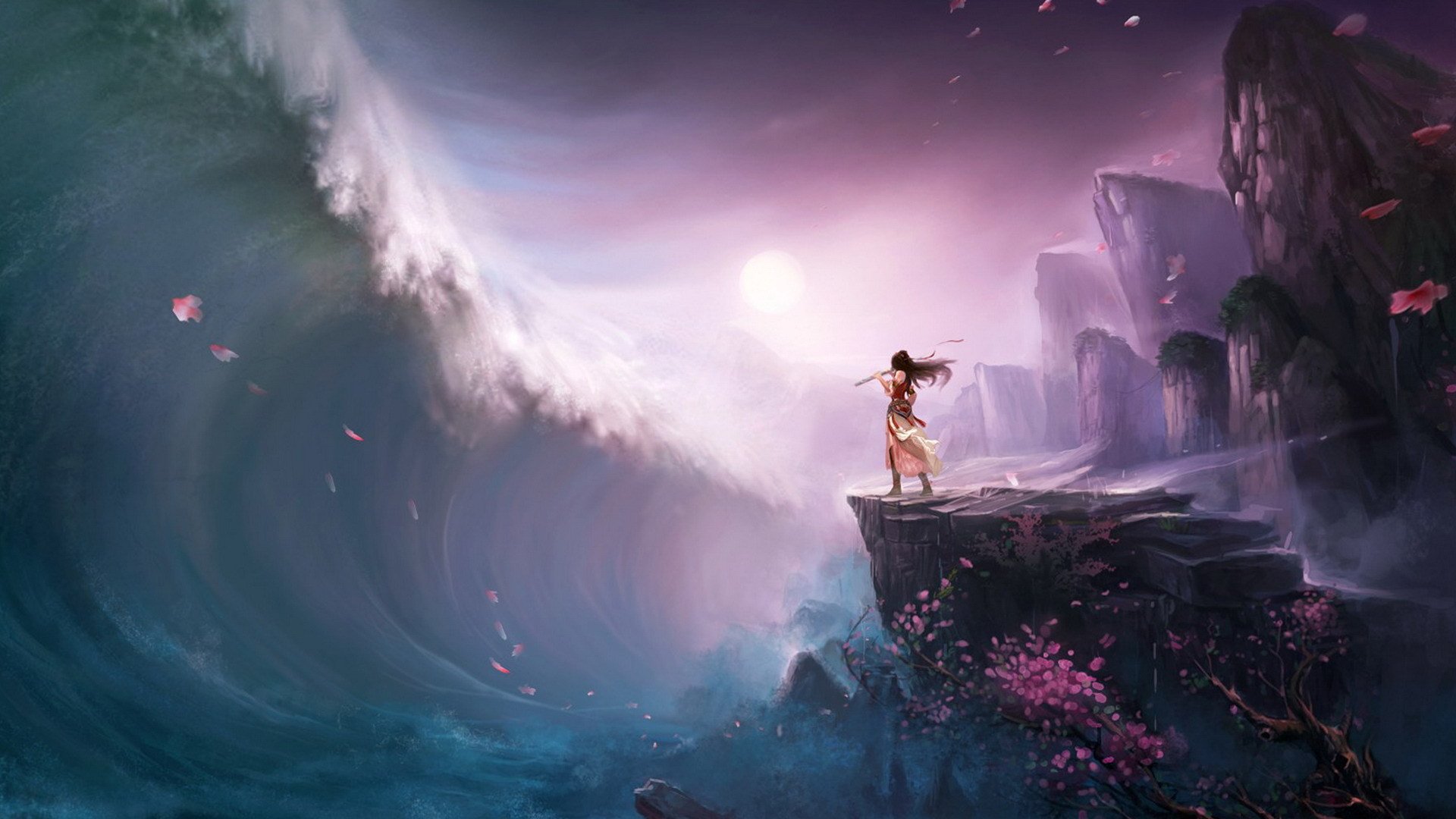 арт девушка флейта цунами волна скалы дерево сакура лепестки