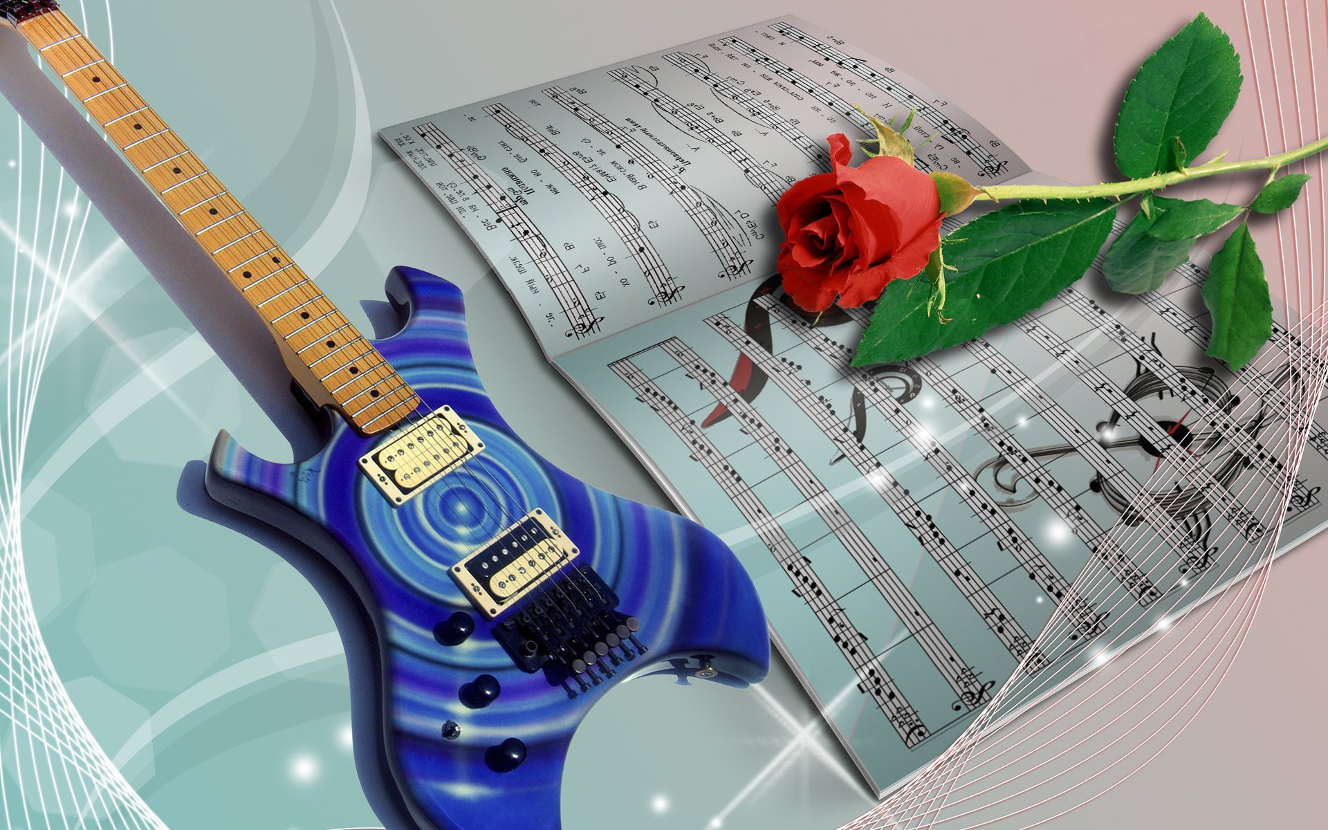 Голубая гитара. ноты и розы на фоне