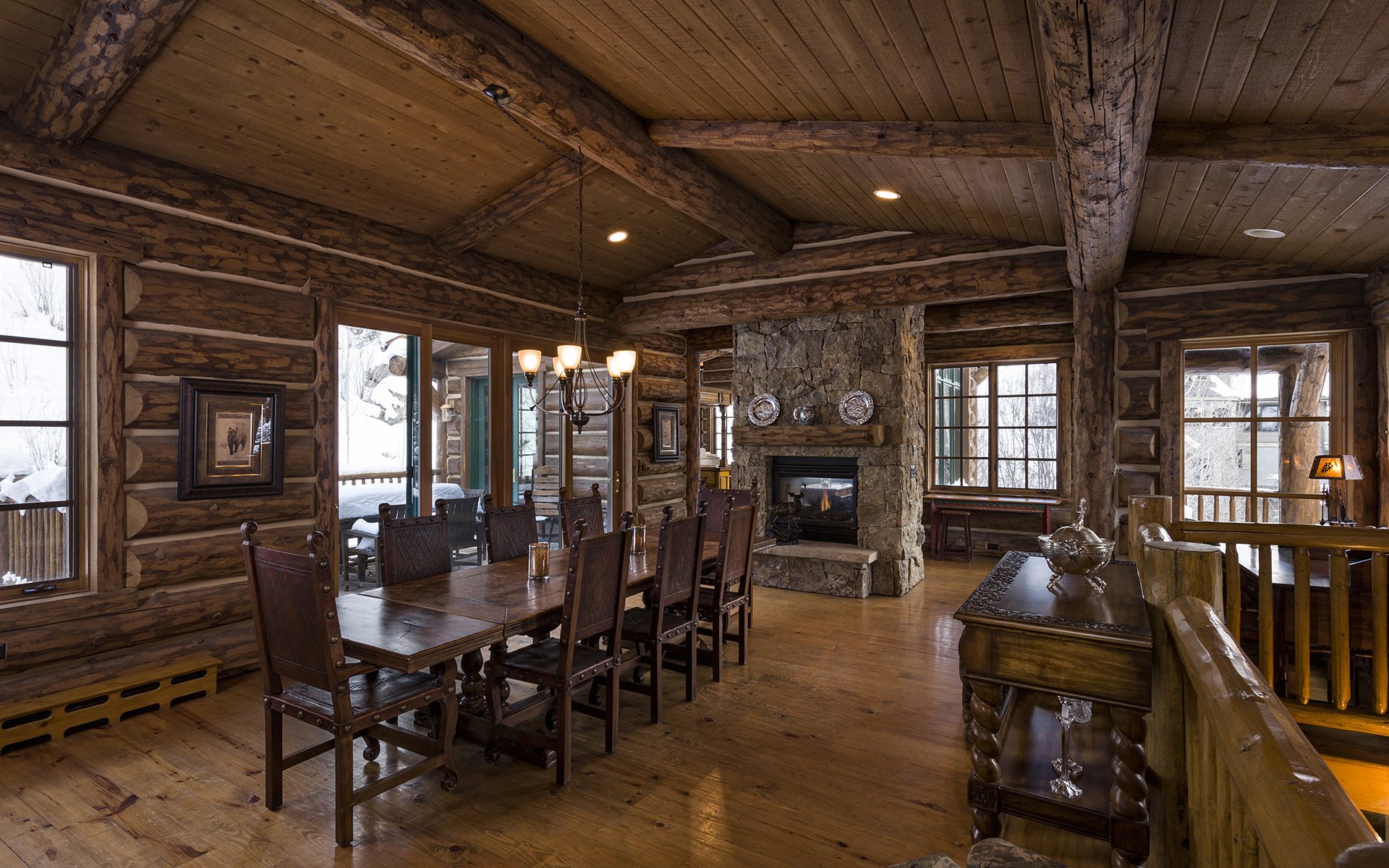 Blue sky lodge dinner room luxury home wooden log hd обои дл.