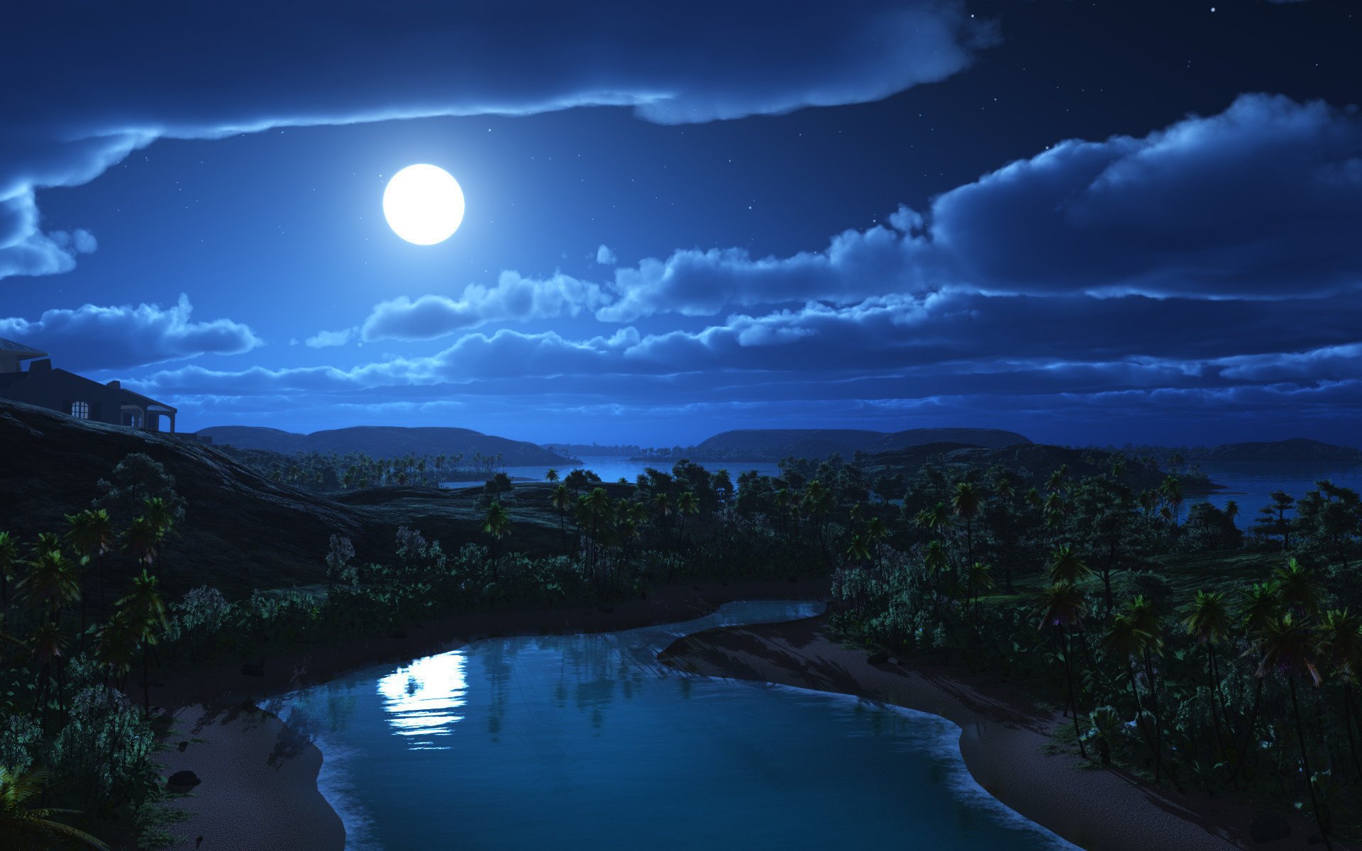Ночь. Луна. Река на фон