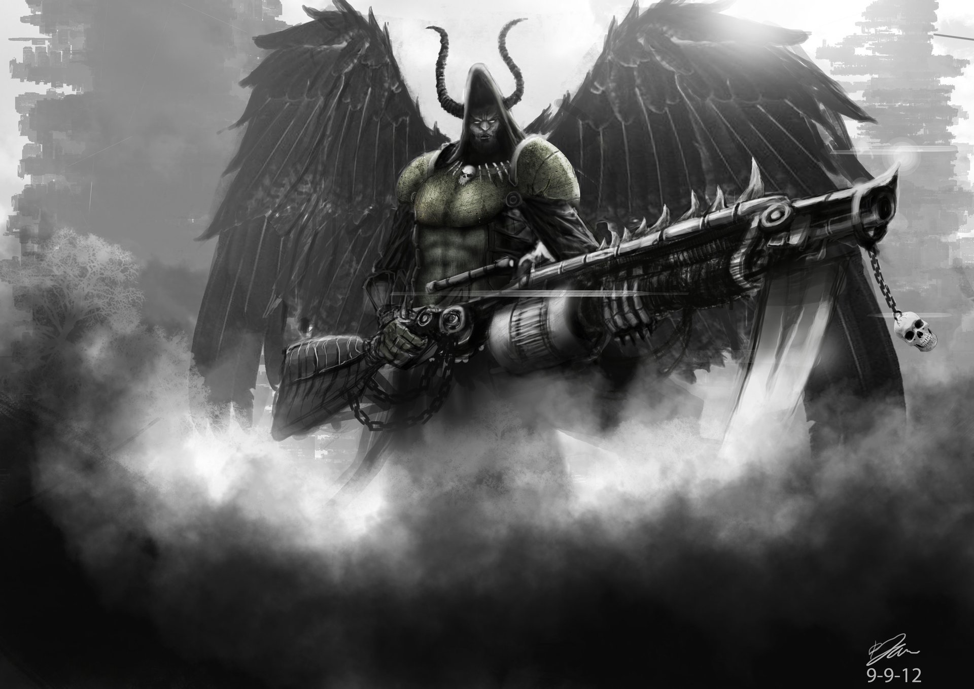 Чёрно-белый демон с крыльями и оружием