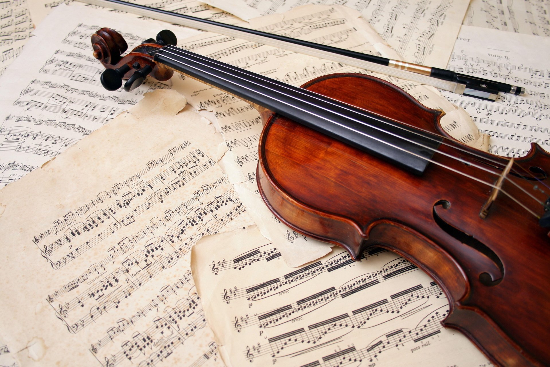 Скрипка и смычек лежащие на нотах
