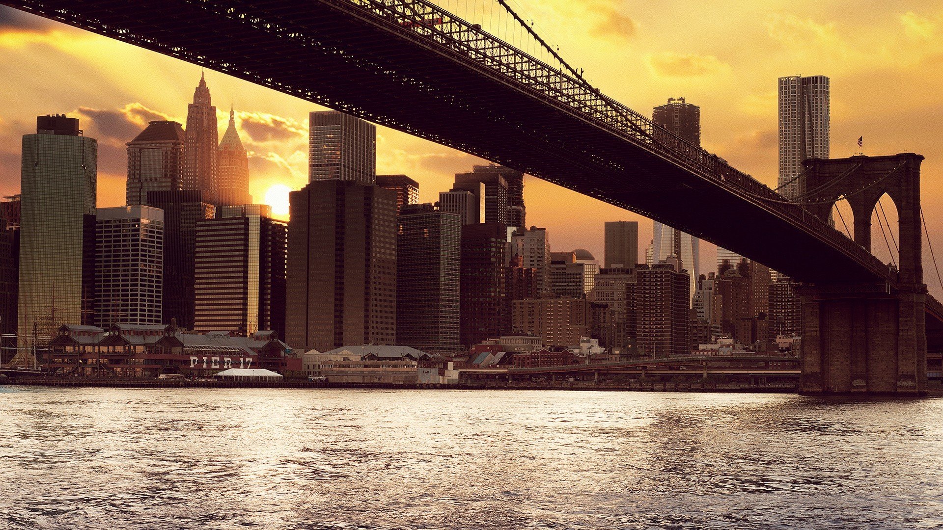 нью-йорк закат бруклинский мост солнце здания