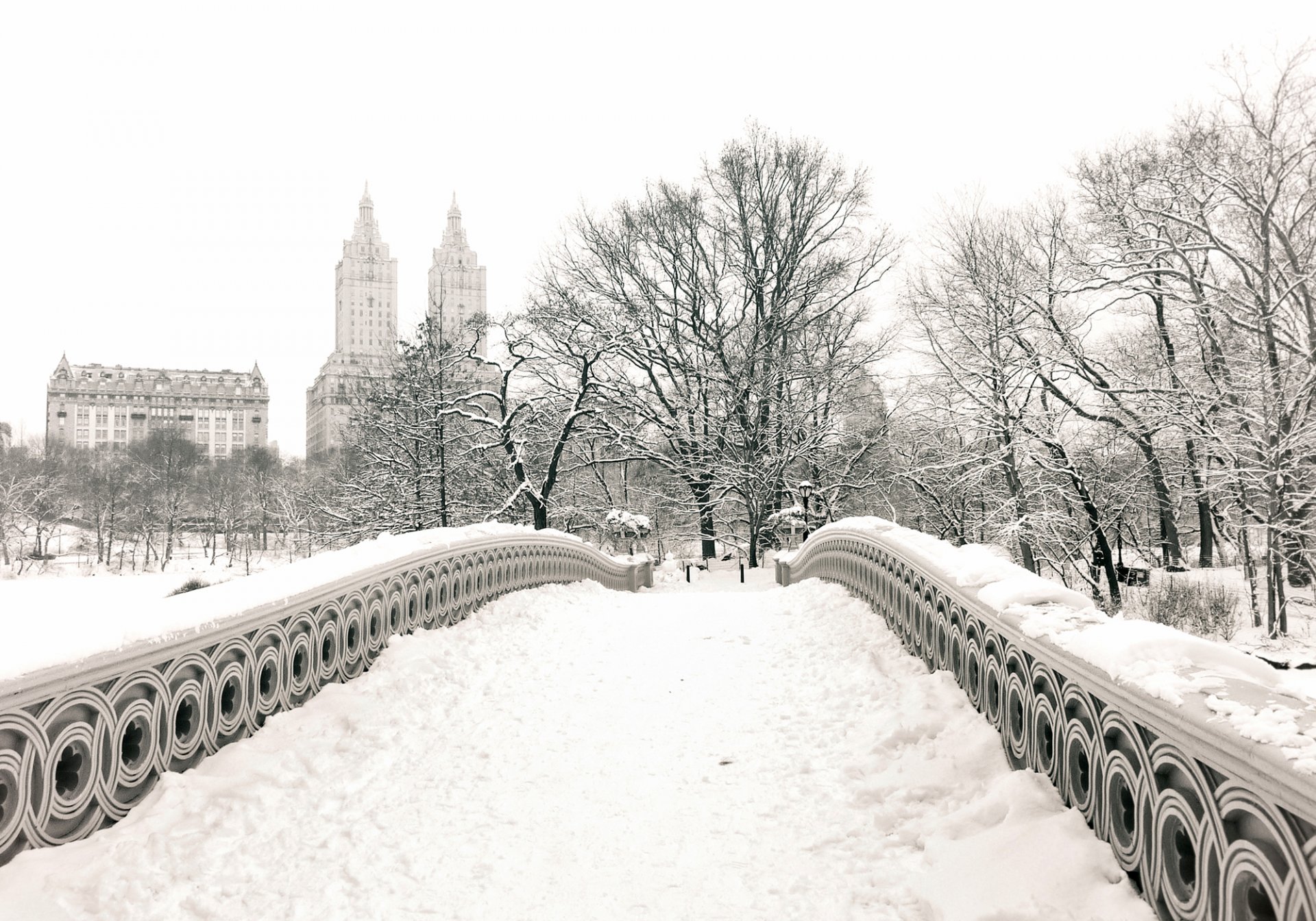 нью-йорк сша манхэттен центральный парк лук мост город зима снег парк деревья здания дома