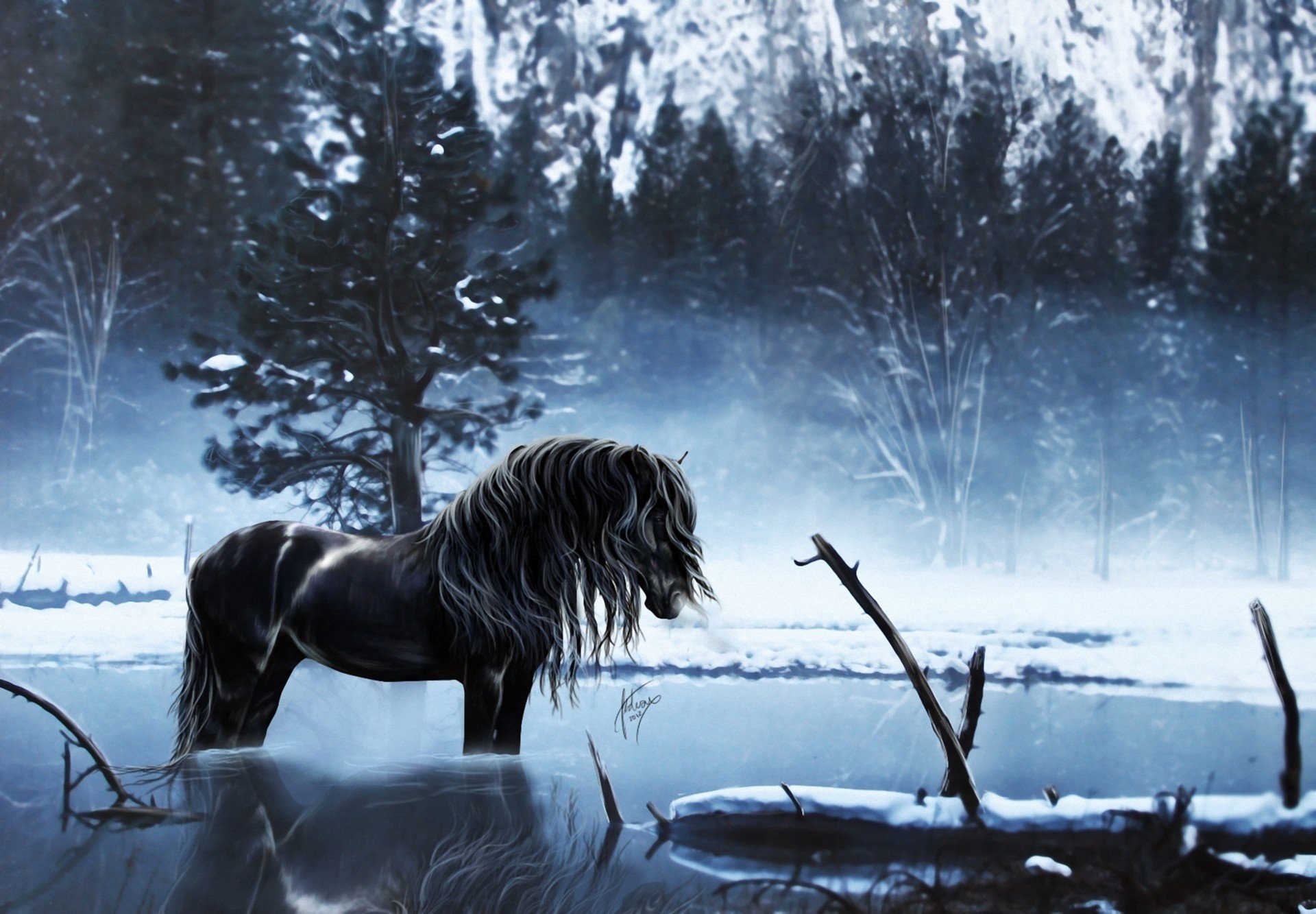 Красивый арт лошади, зима, природа