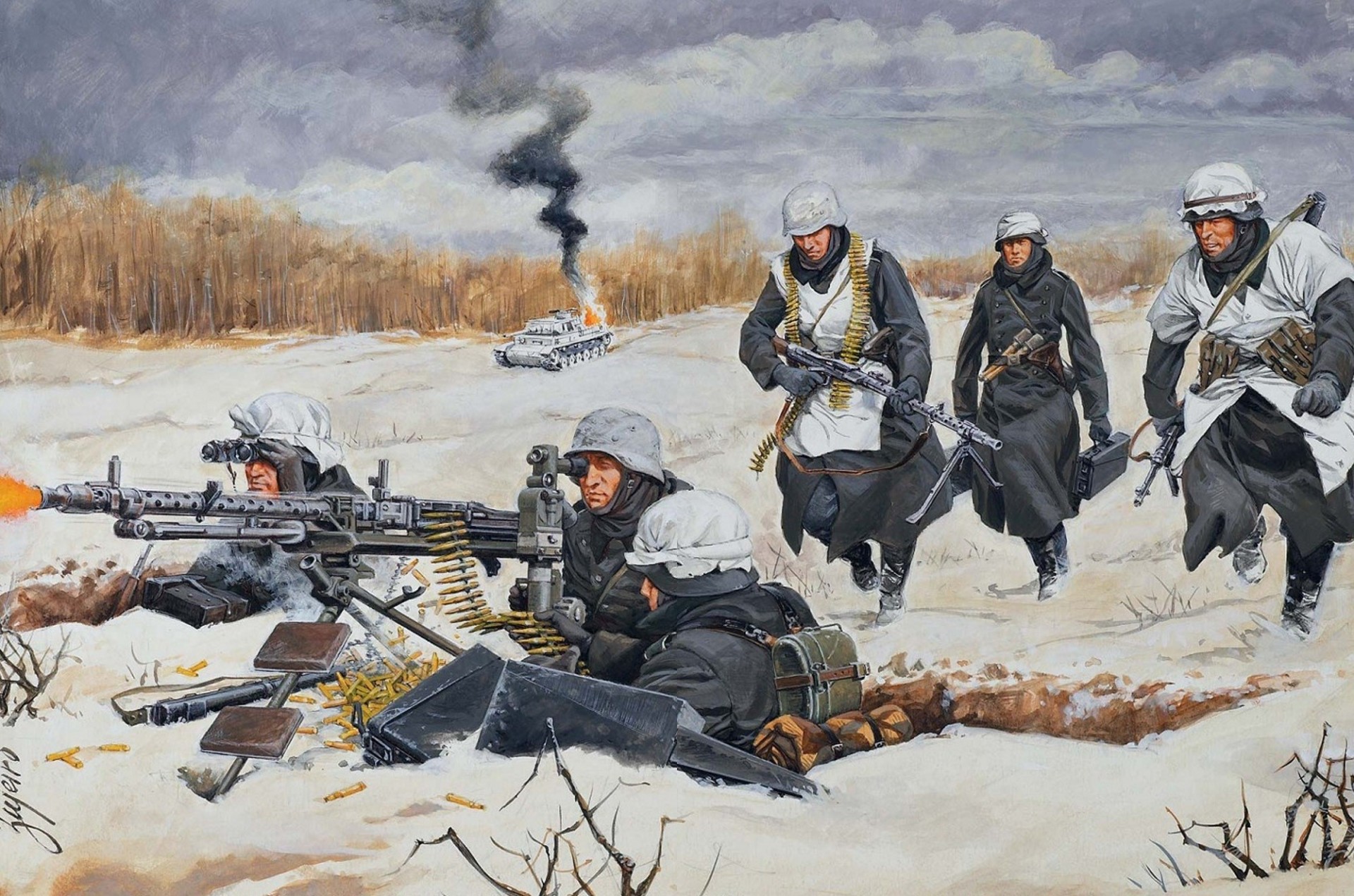 Картина где солдаты в снегу и на заднем фоне танк Обои на рабочий стол.
