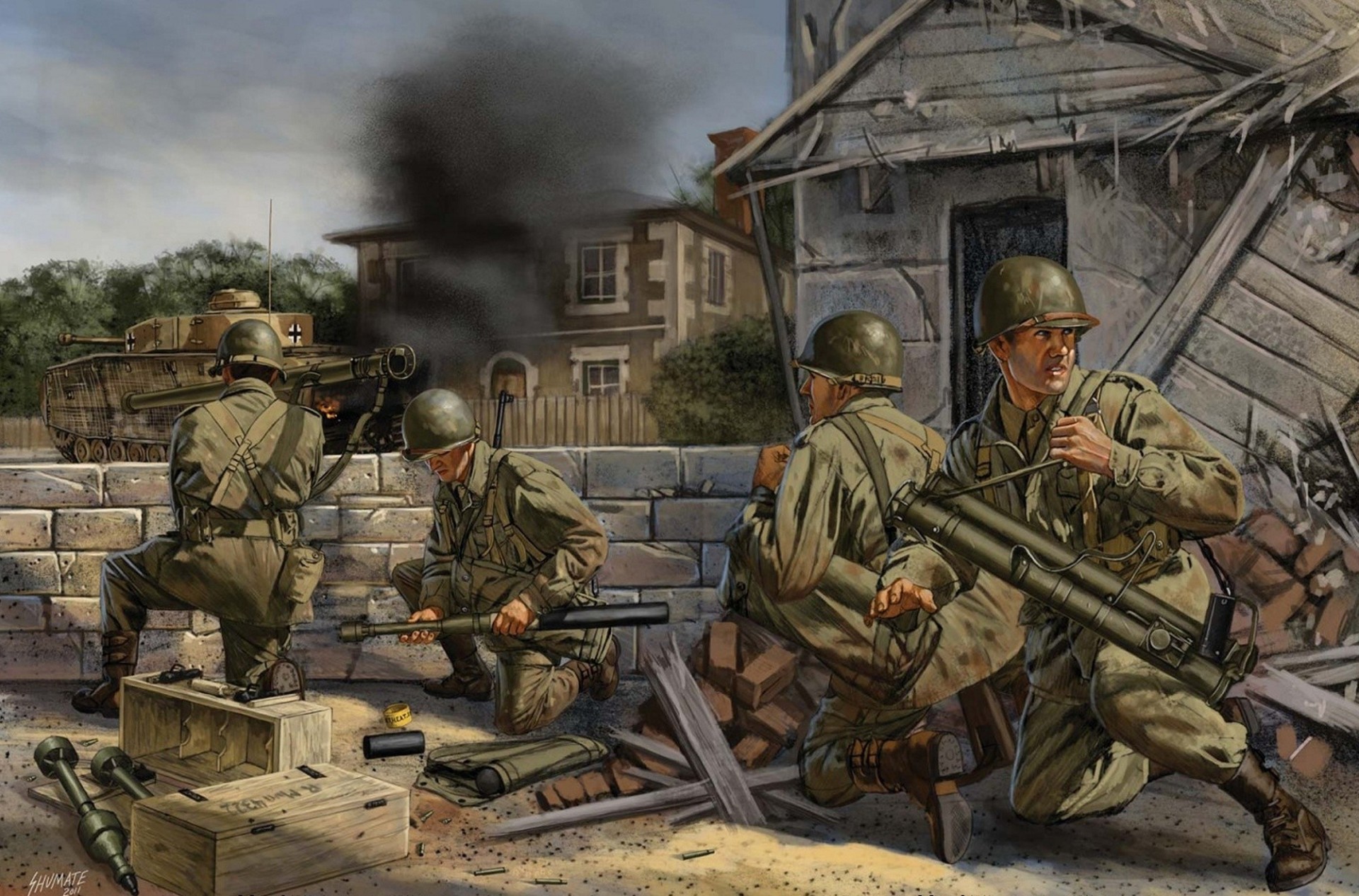 Американские солдаты во время войны на улице города Обои на рабочий стол 