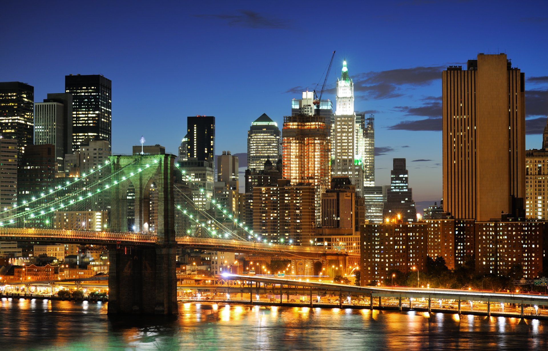 нью-йорк сша бруклинский мост небоскребы ночь огни