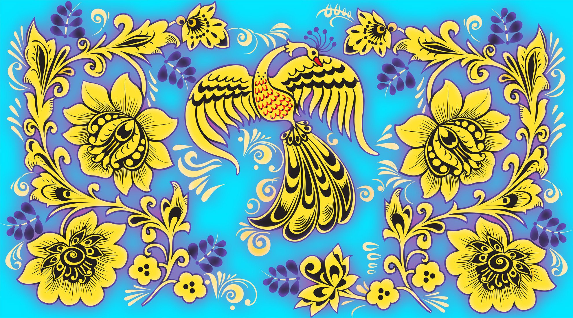 Жар птица в жёлтом цвете на голубом фоне