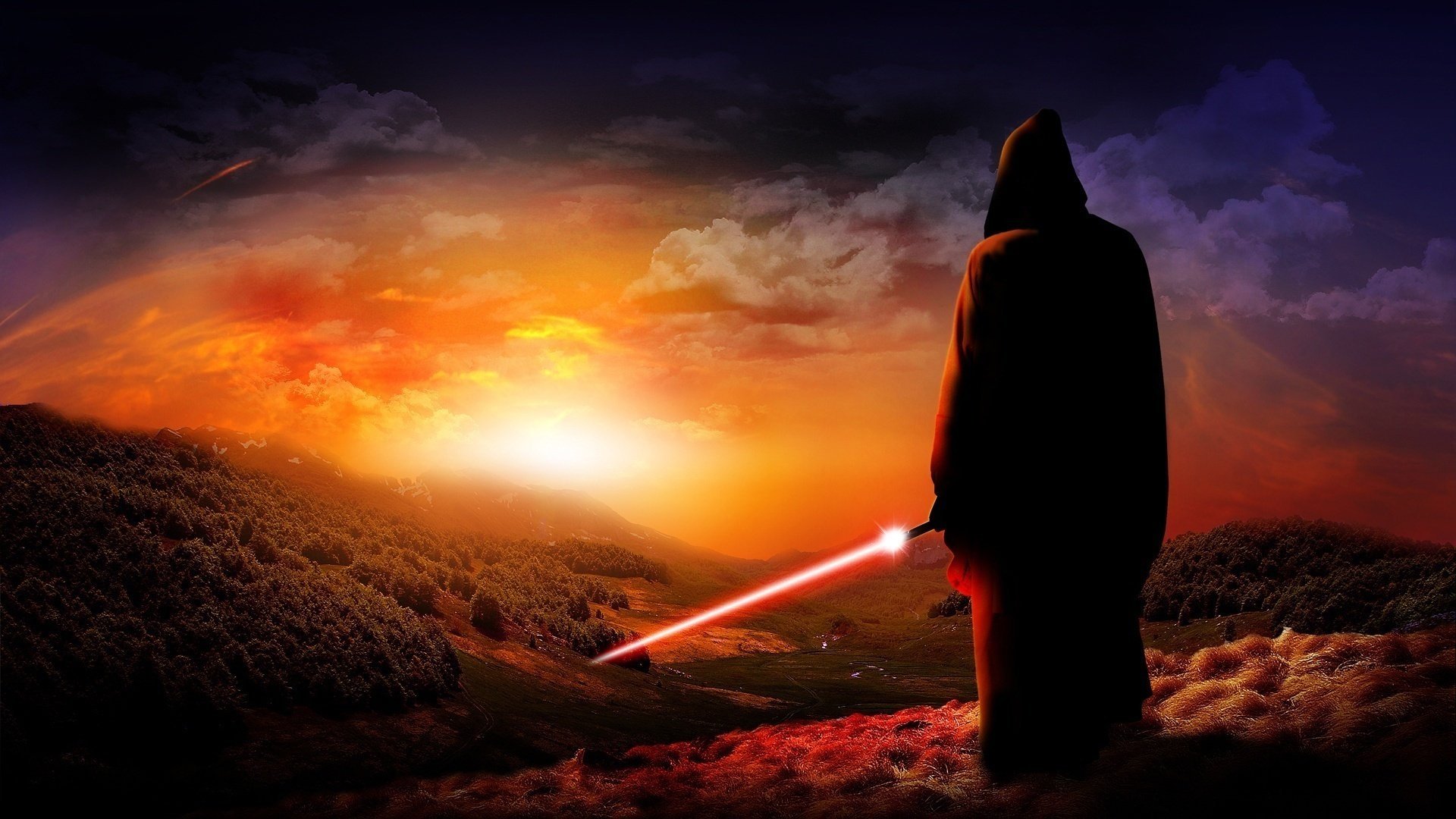 Энакин стоит и смотрит на закат держа в руках световой меч
