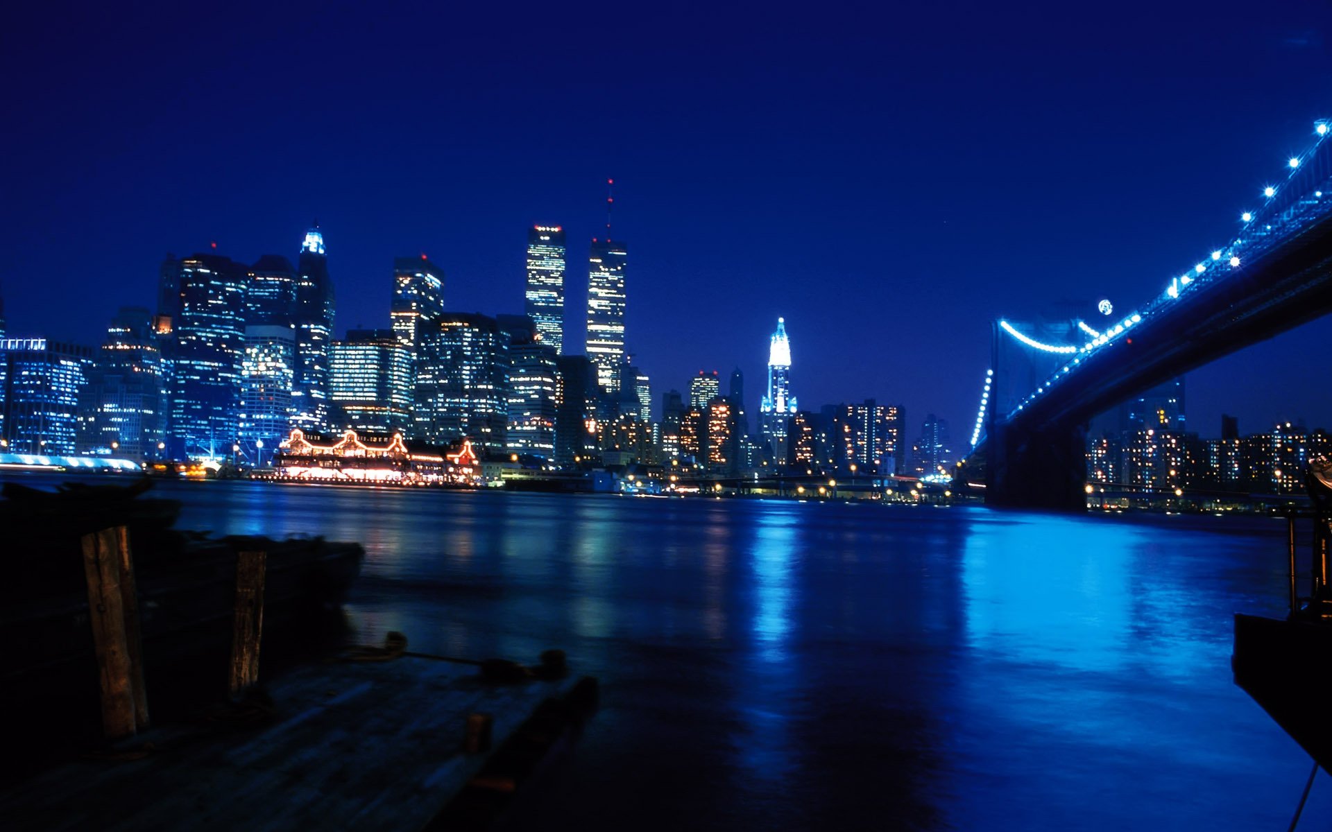 цмт нью-йорк всемирный торговый центр башни-близнецы втц 11 сентября небоскребы река мост ночь город манхэттен обои