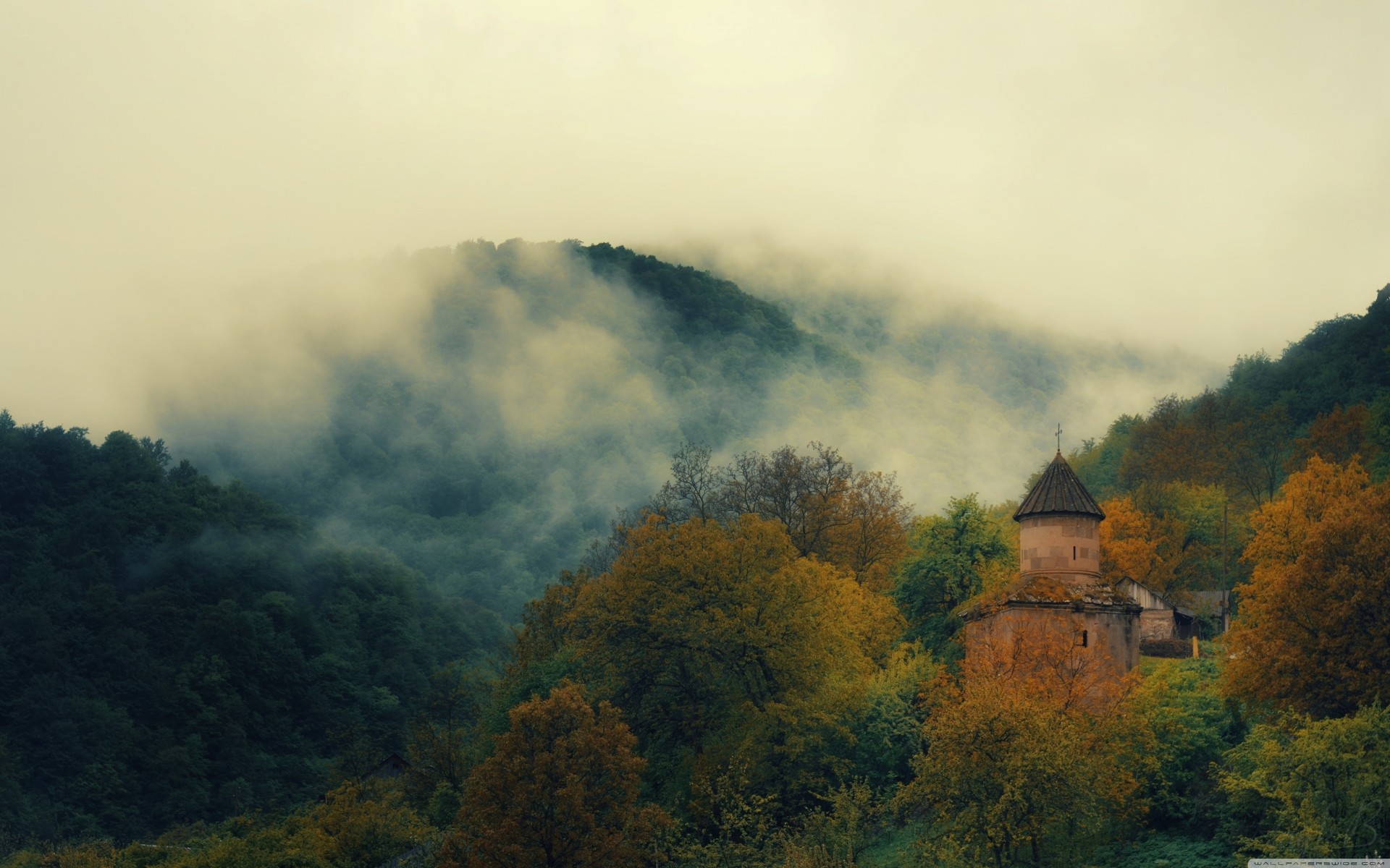 пейзаж горы туман лес церковь прекрасный пейзажи армения