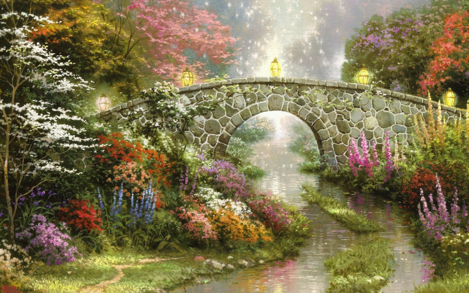 арт холст картина камень арка мост цветы
