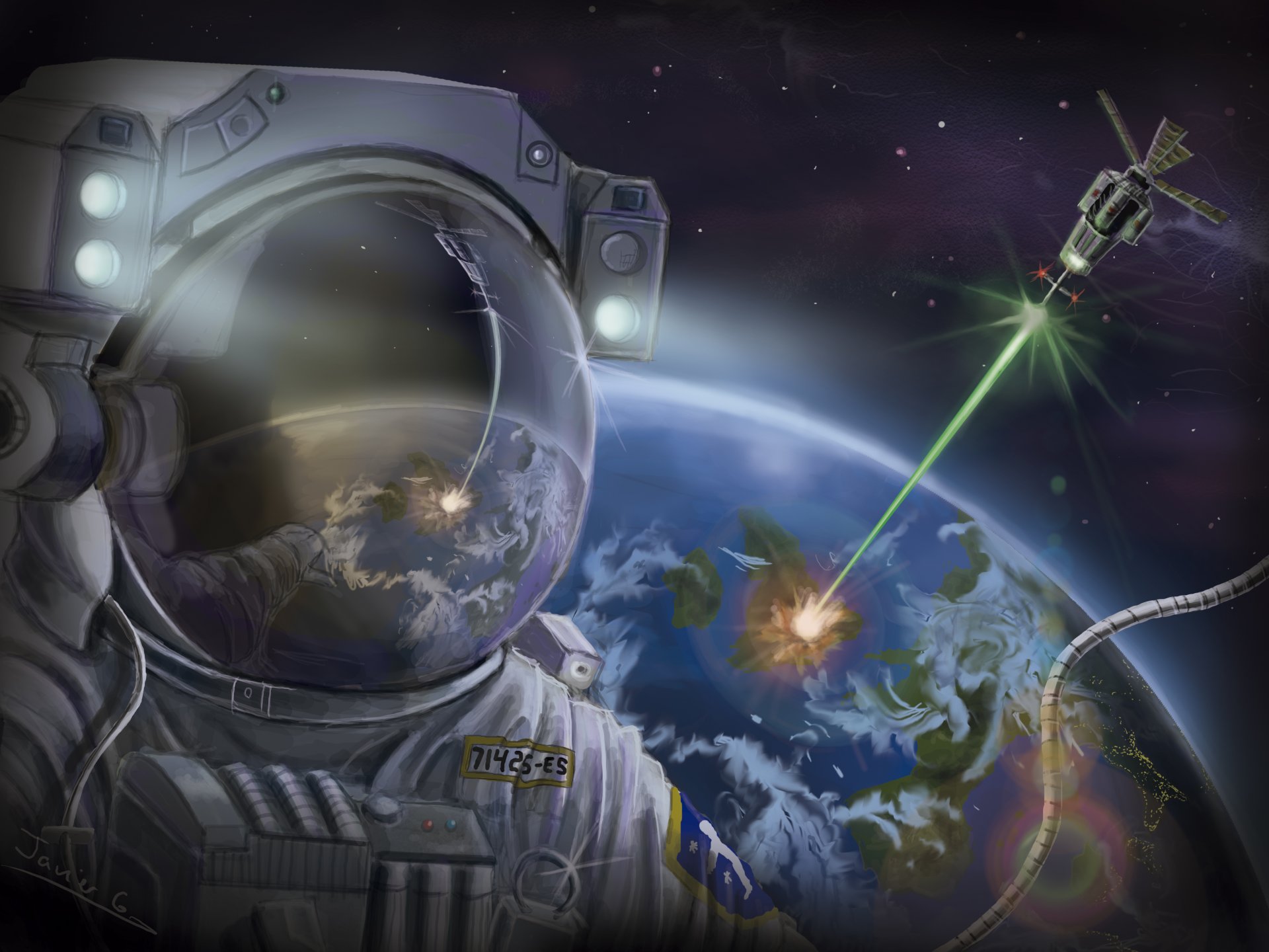 арт космос астронавт скафандр планета земля спутник луч