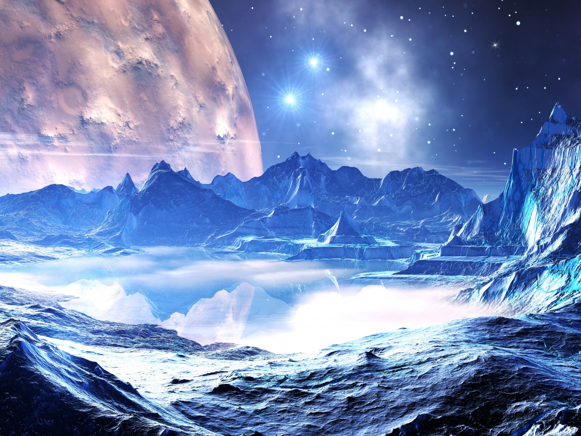 космос звезды планеты вода отражение