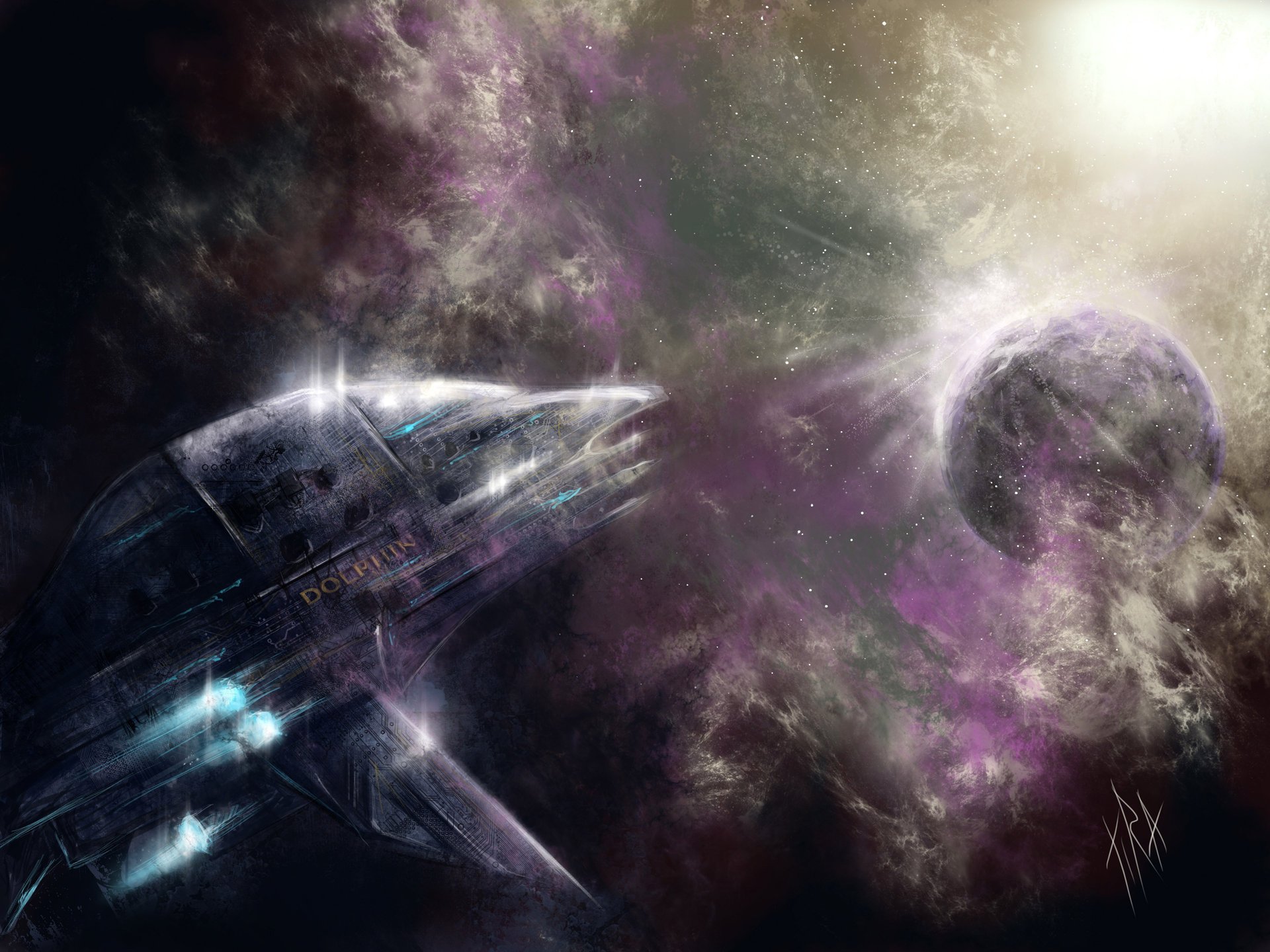 Шатлл-корабль в арт космосе с красивой планетой и звёздами