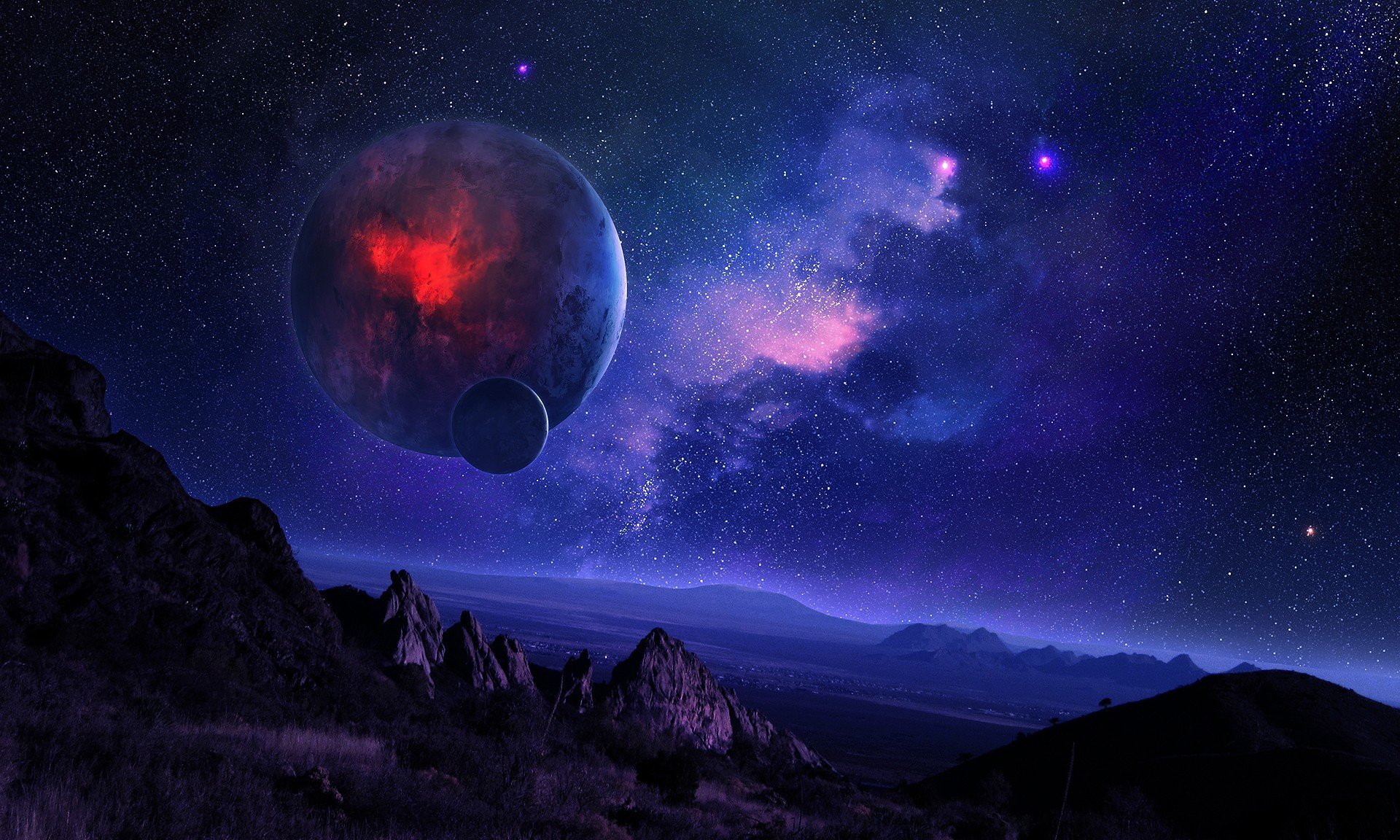 ночь горы космос планета спутник ландшафт туманность