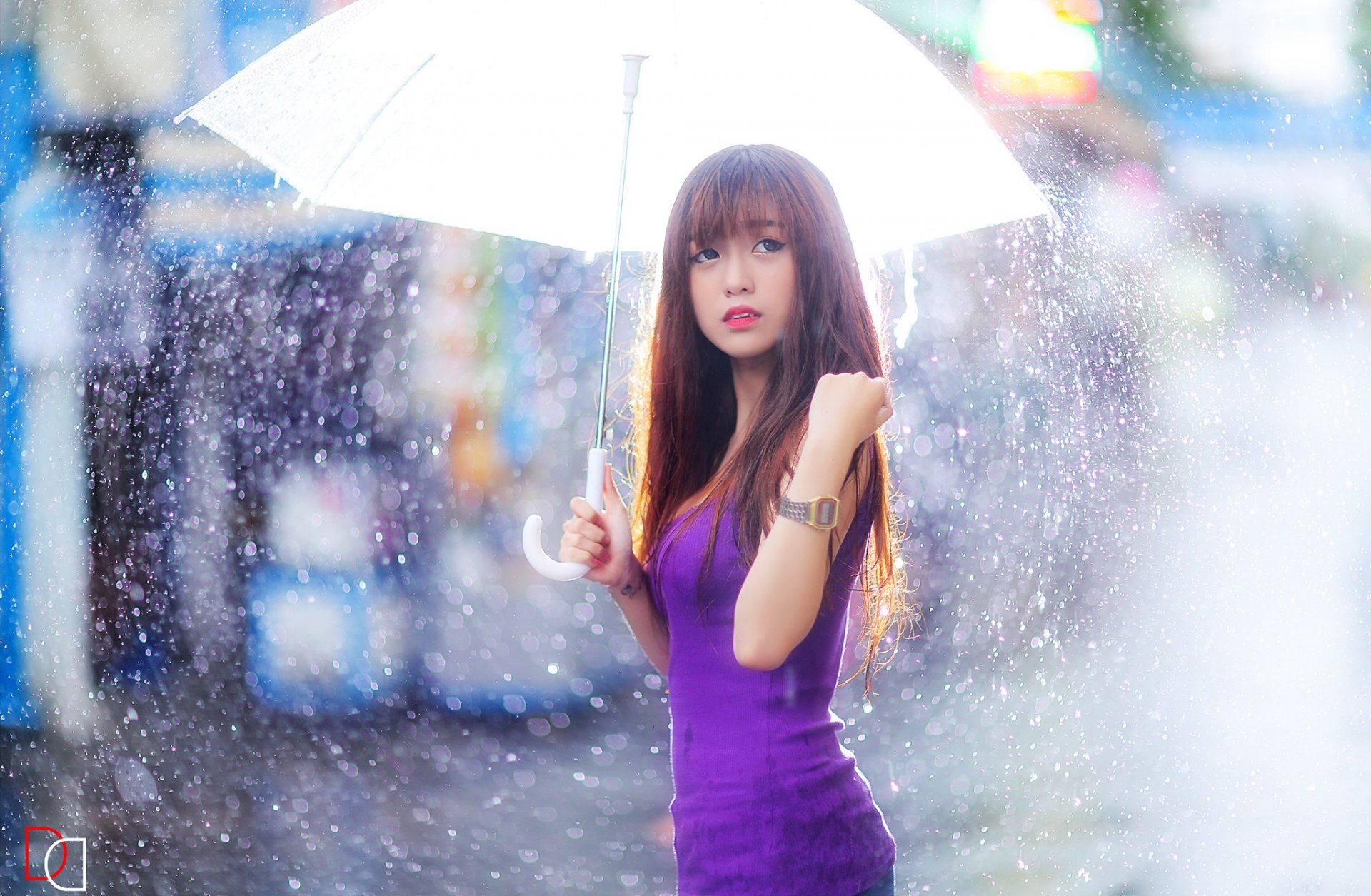 девушка азиатка зонт дождь