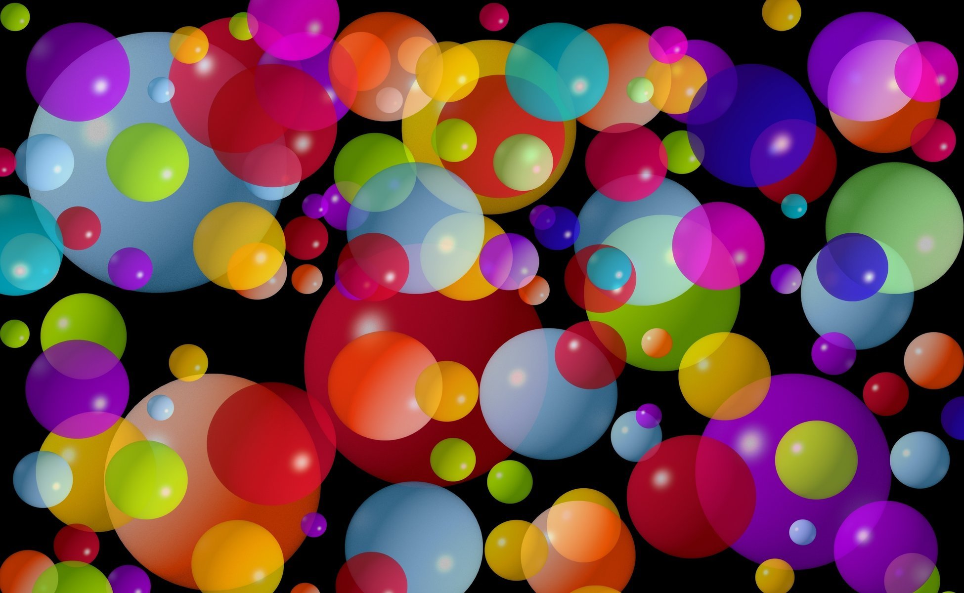 Разноцветные шары разных размеров на чёрном фоне
