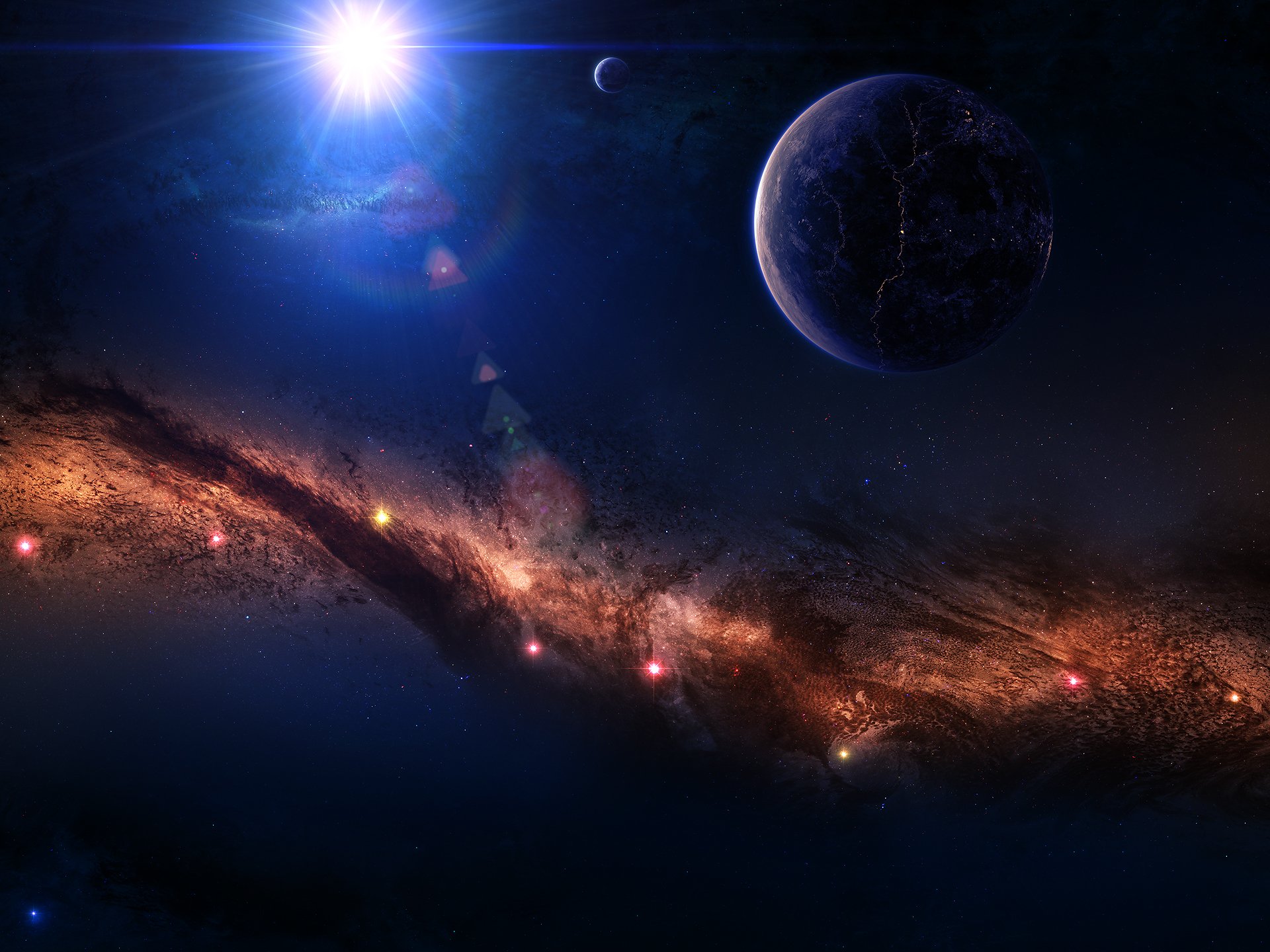 арт космос туманность звезды свечение планета спутник трещина