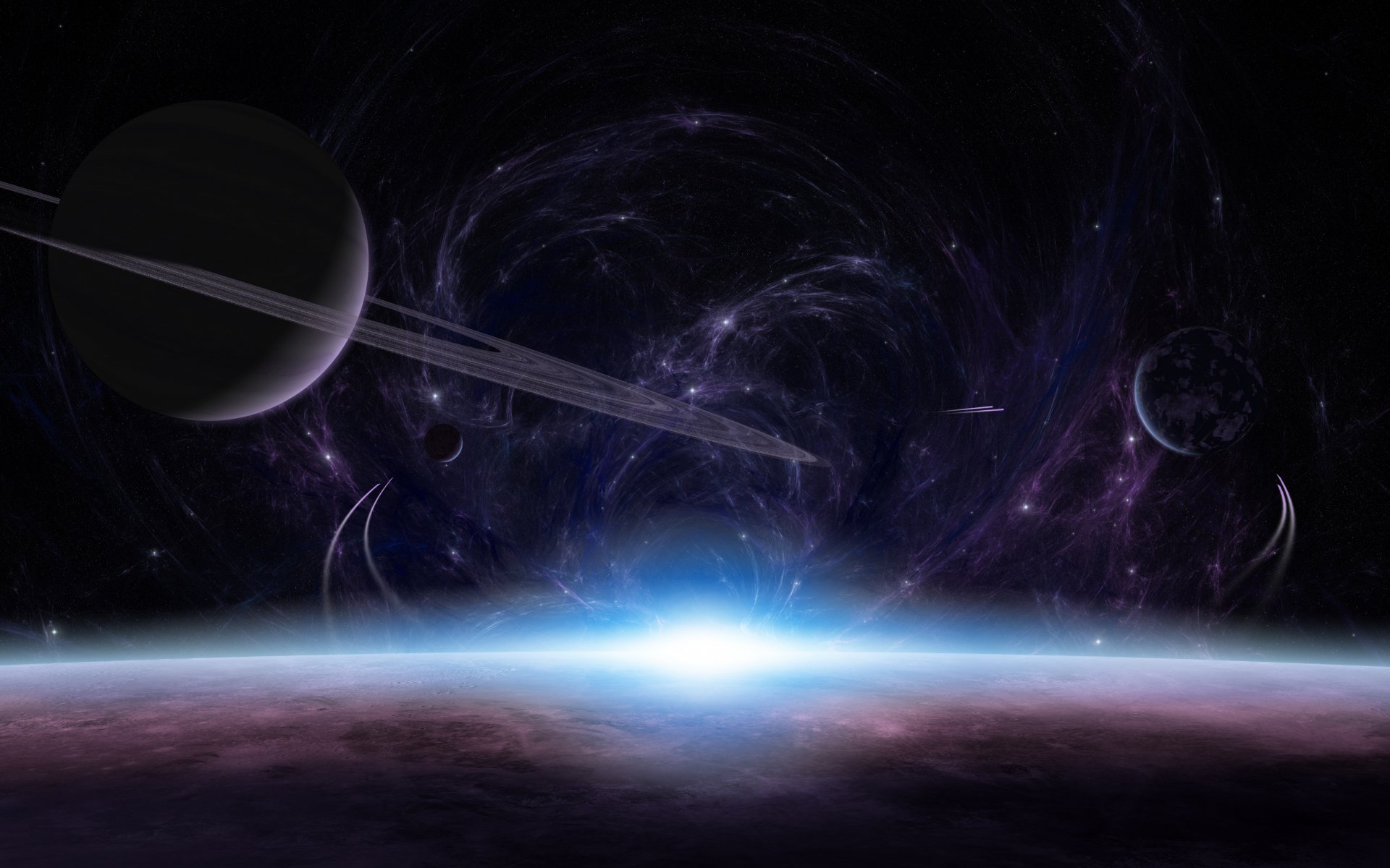 планеты атмосфера поверхность восход свет кольца спутники звезды туманность космические корабли