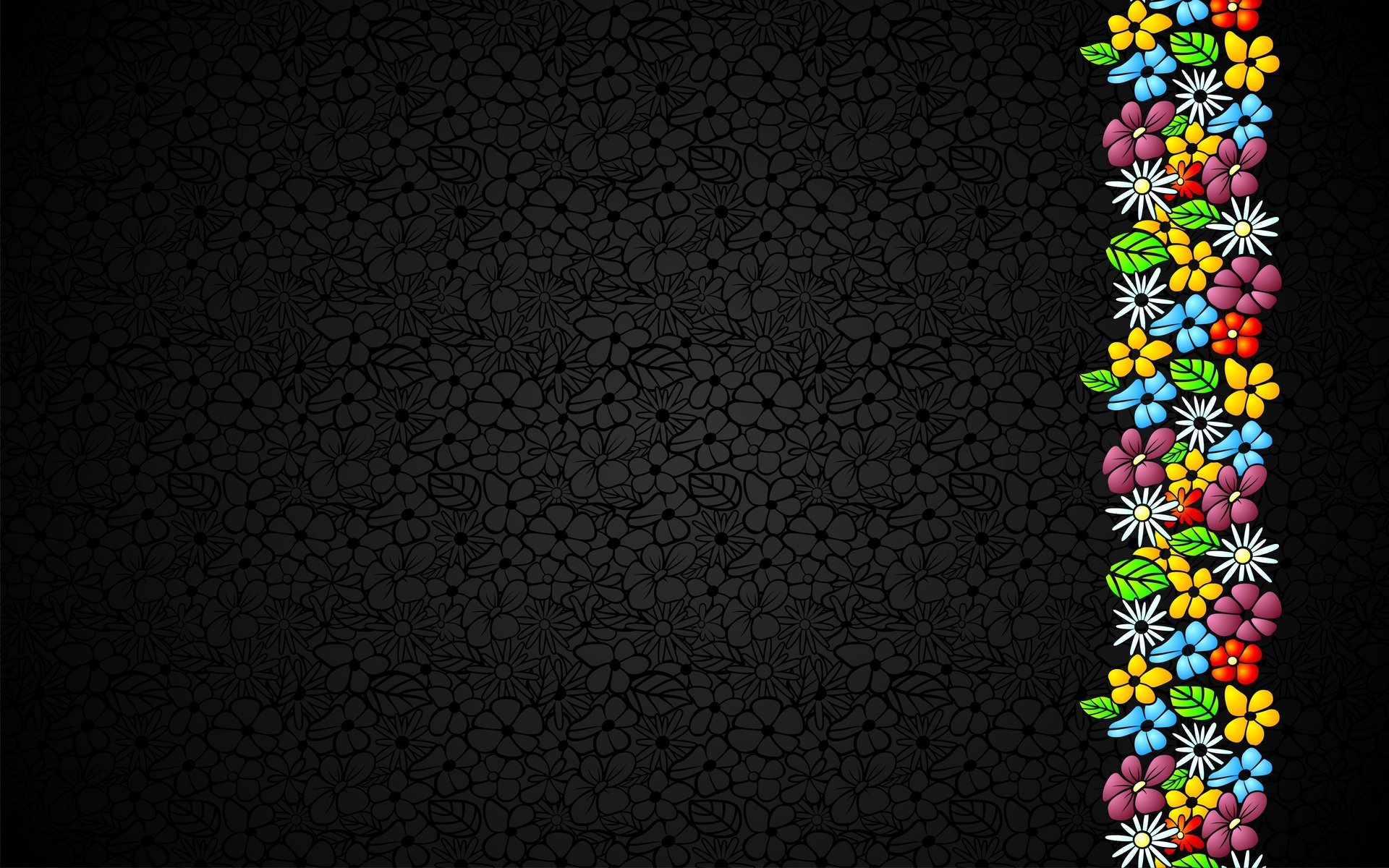 Черная текстура с цветками, полоса из разноцветных цветков
