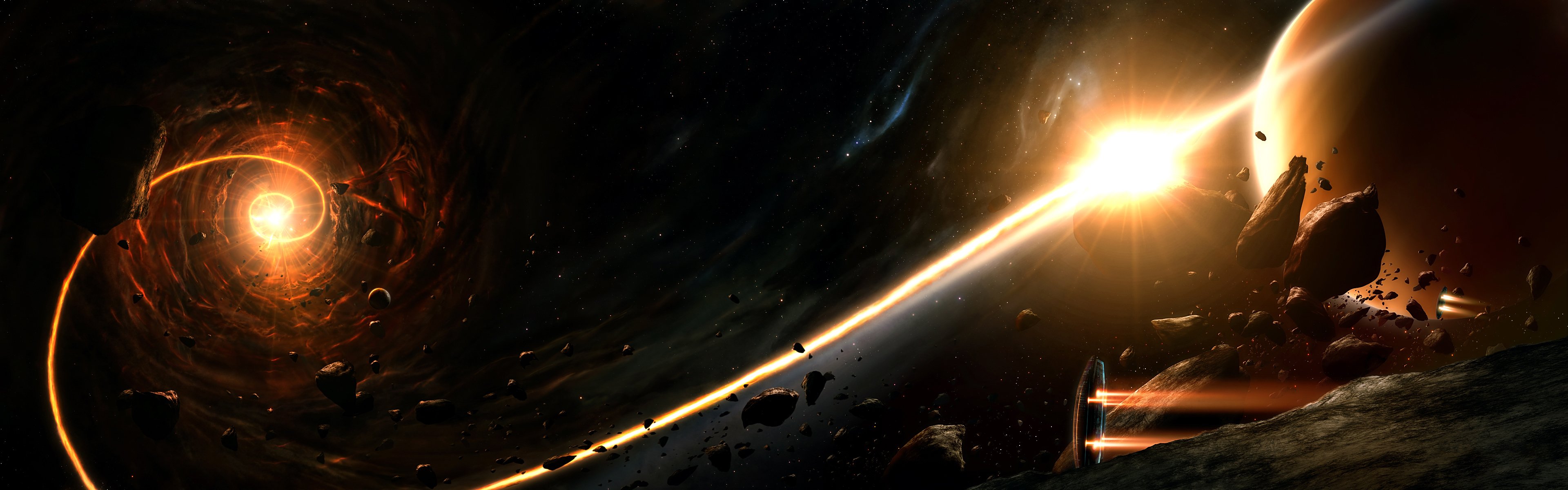 галактика звезды планеты корабль черная дыра огненный шлейф астероиды