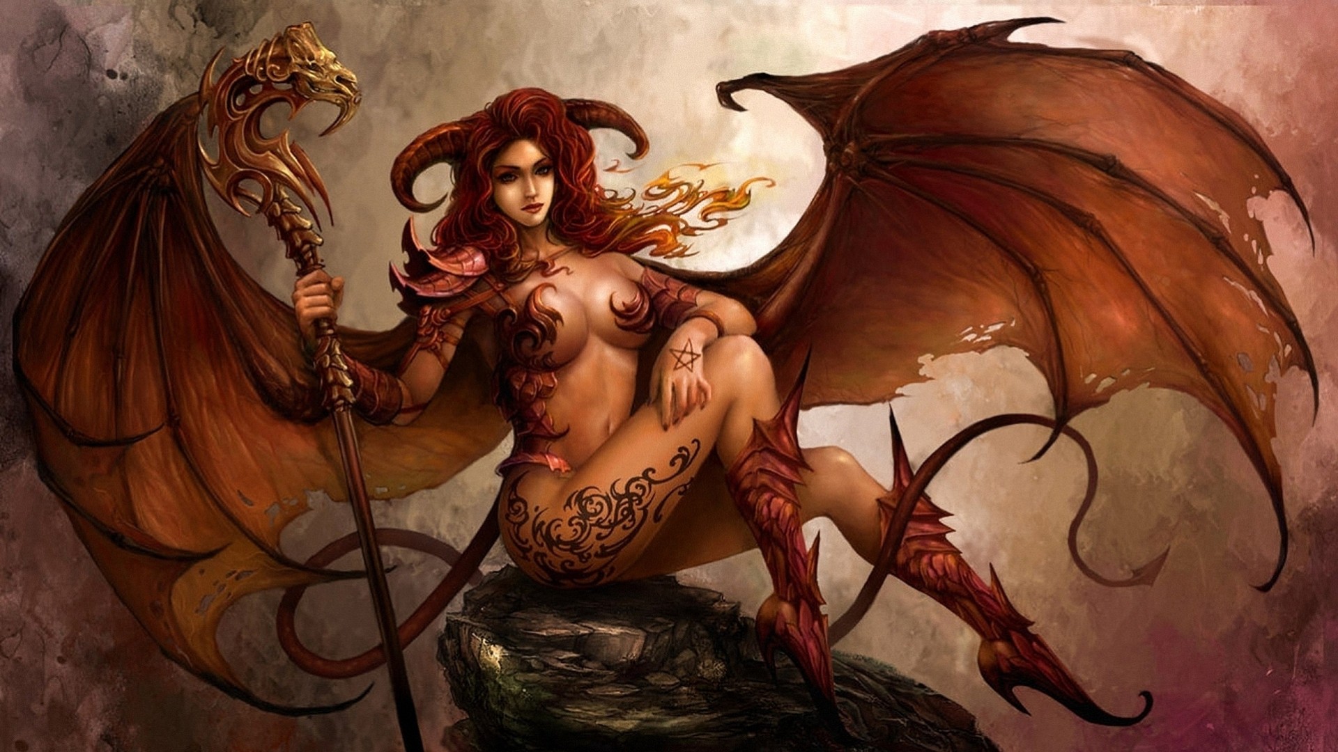 арт демон девушка сидя тату рога камень крылья