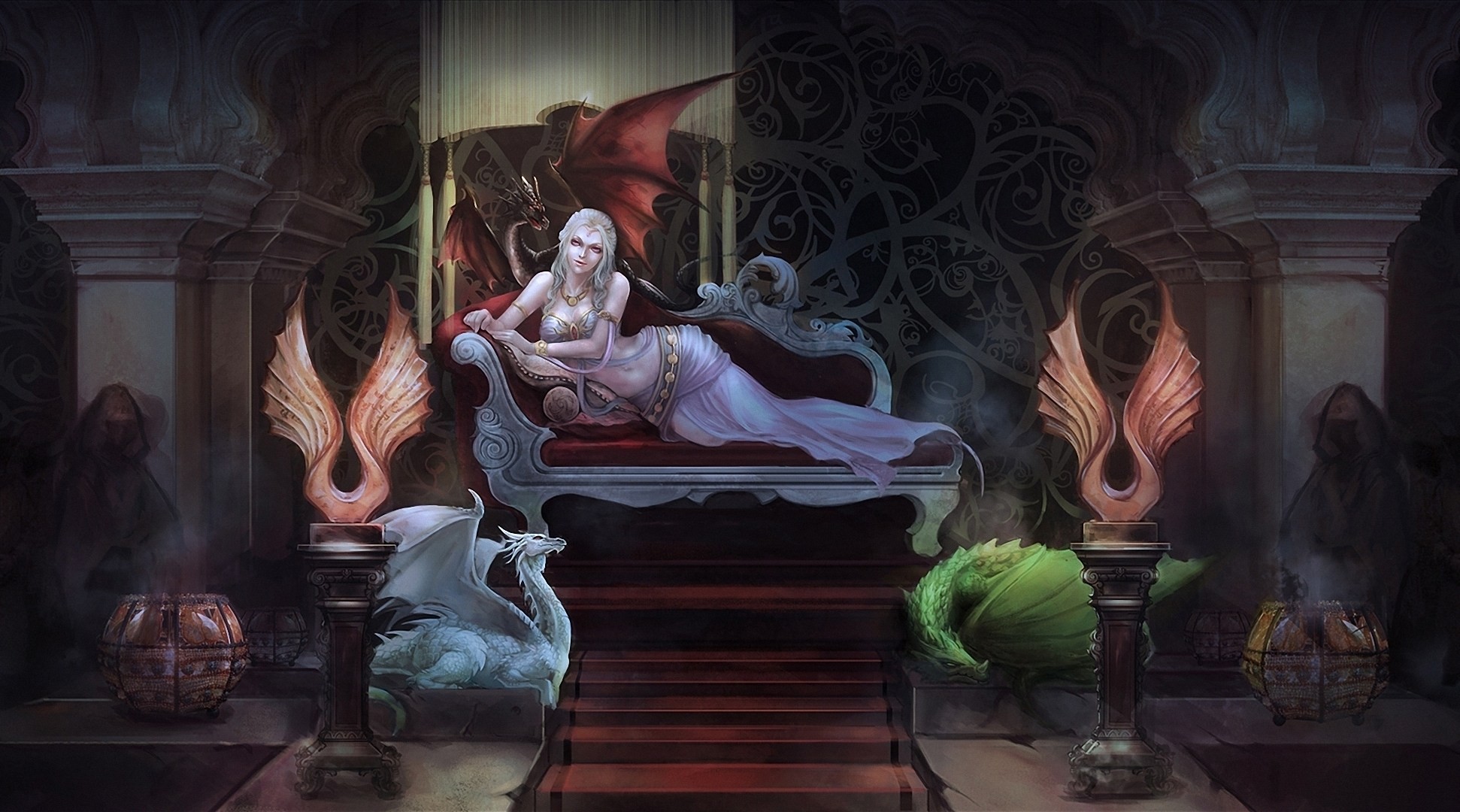 арт дрогон девушка визерион диван драконы дейенерис таргариен колонны игра престолов трон песнь льда и огонь рейегаль
