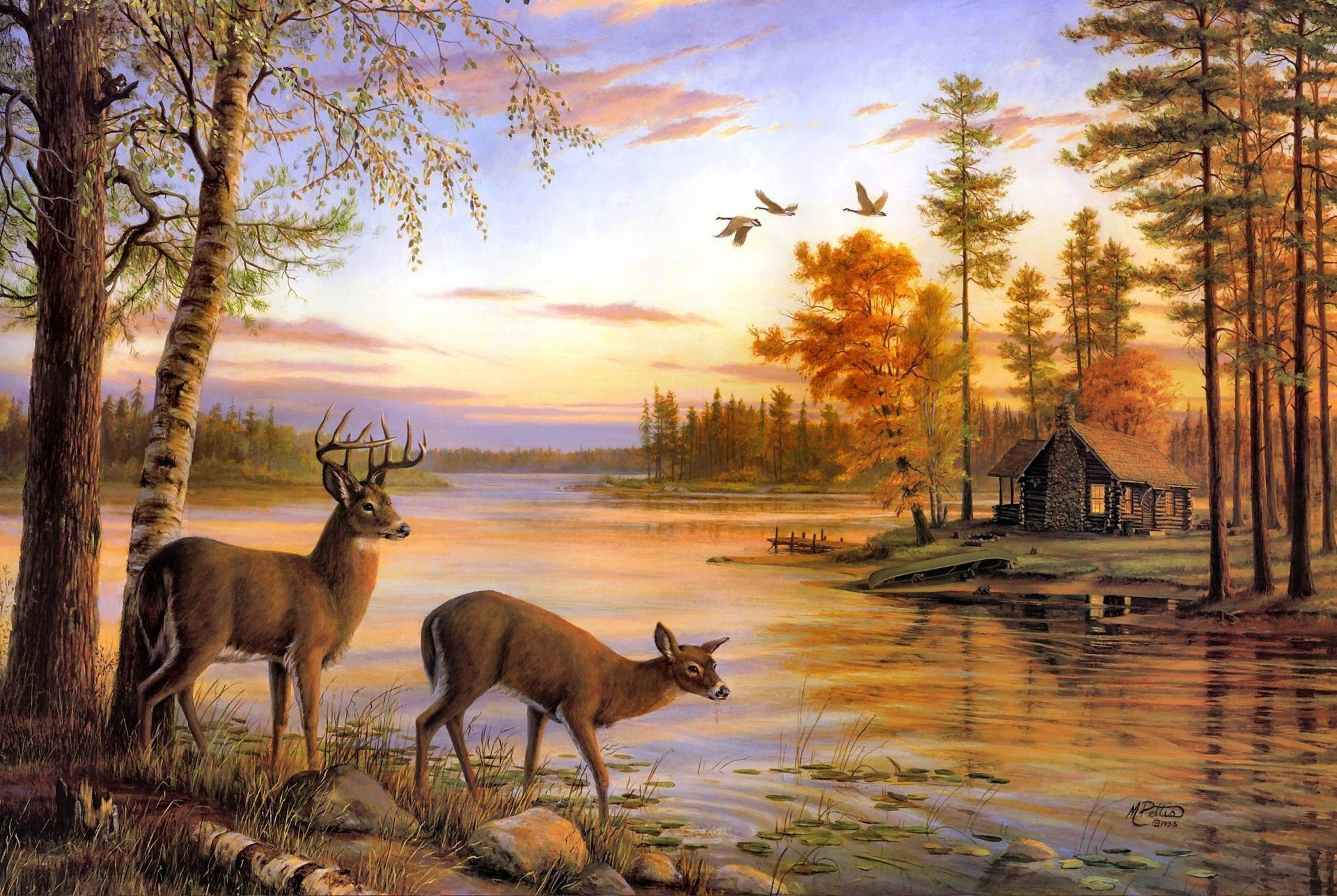 Картина домика на берегу реки с гуляющими оленями