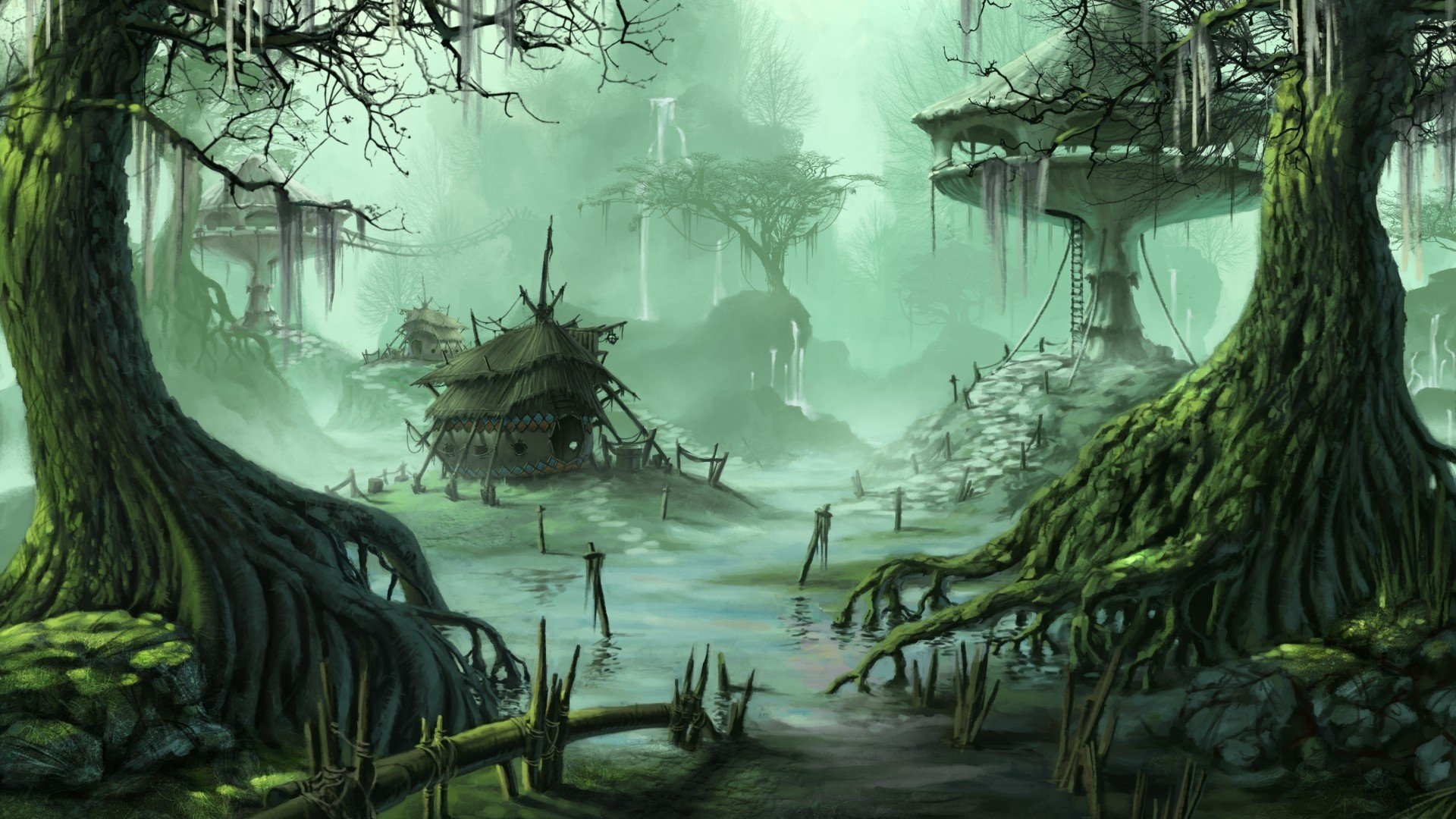 Сказочные дома среди болот и деревьев