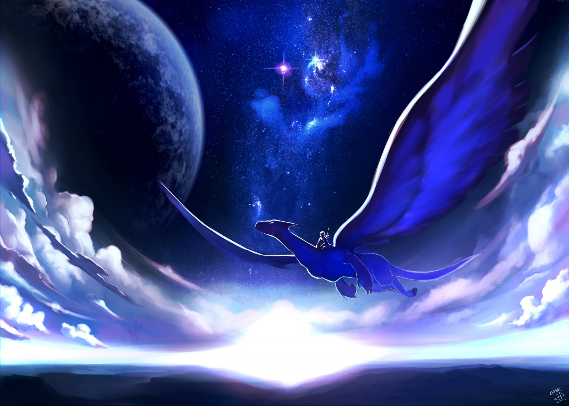 Арт изображение ночного неба с луной и летящим драконом Обои на рабочий сто...