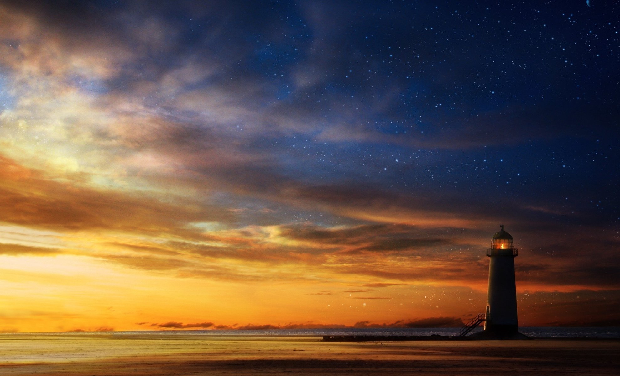 Одинокий маяк ждёт корабли на закате