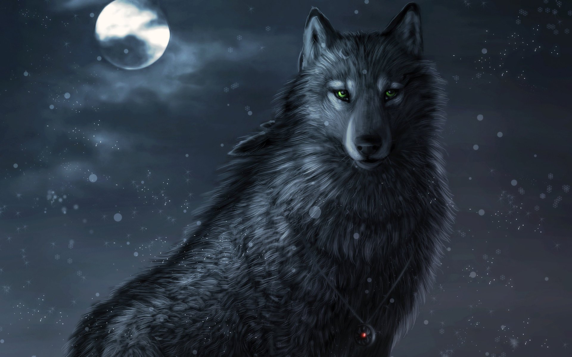 Обои с тегом:winter night, луна, art, ночь, волк, снег, амулет.