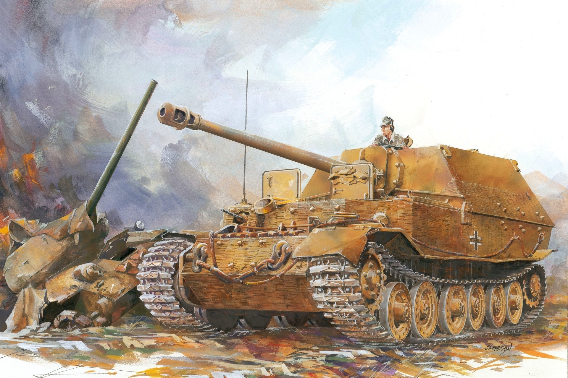 Нарисованная картинка танка с человеком