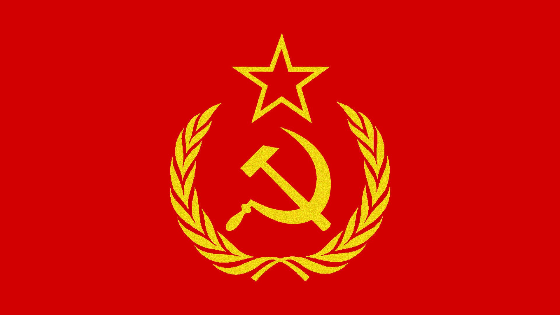 Серп, молот, колосья и звезда на красном флаге