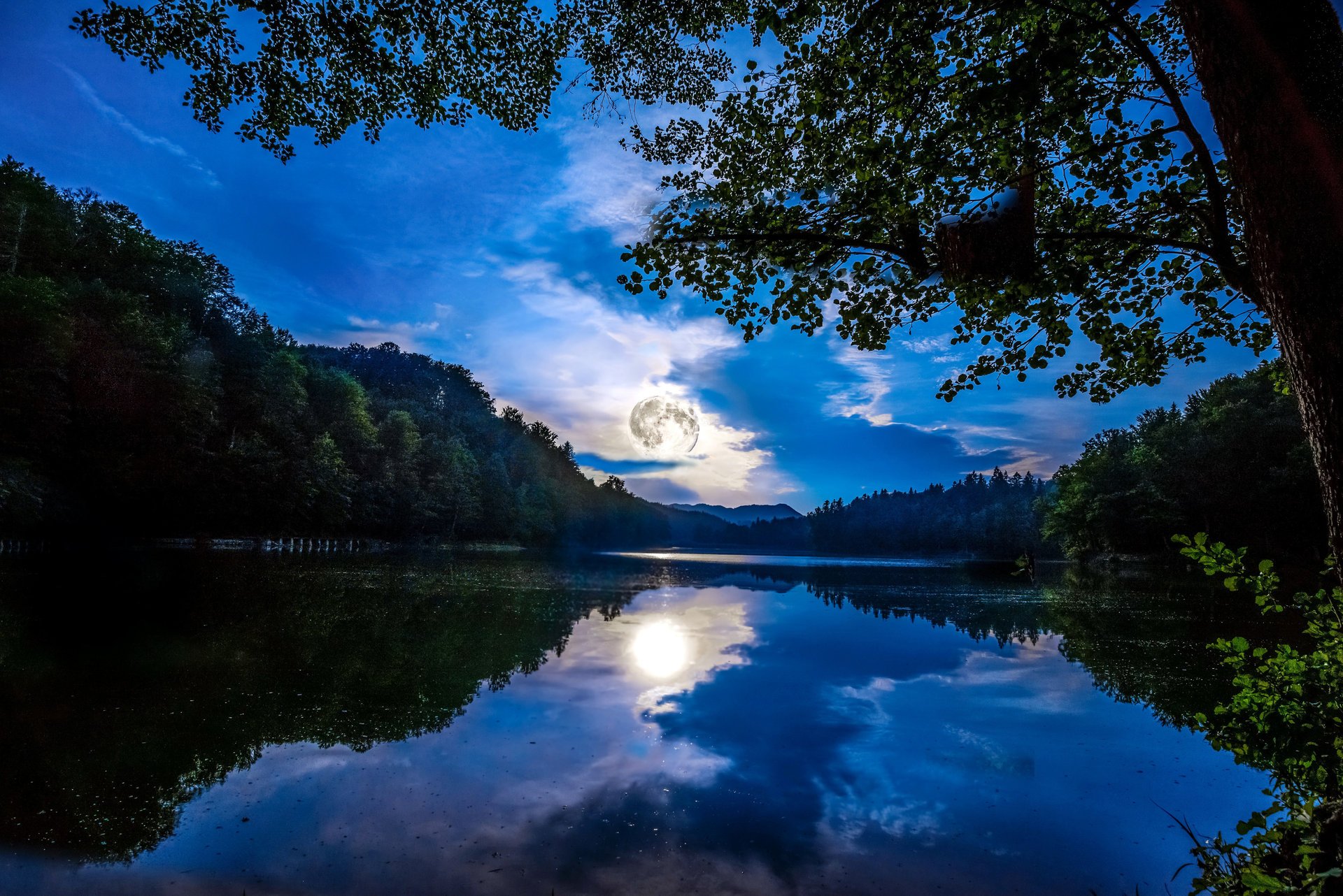 Ночное небо с луной и рекой