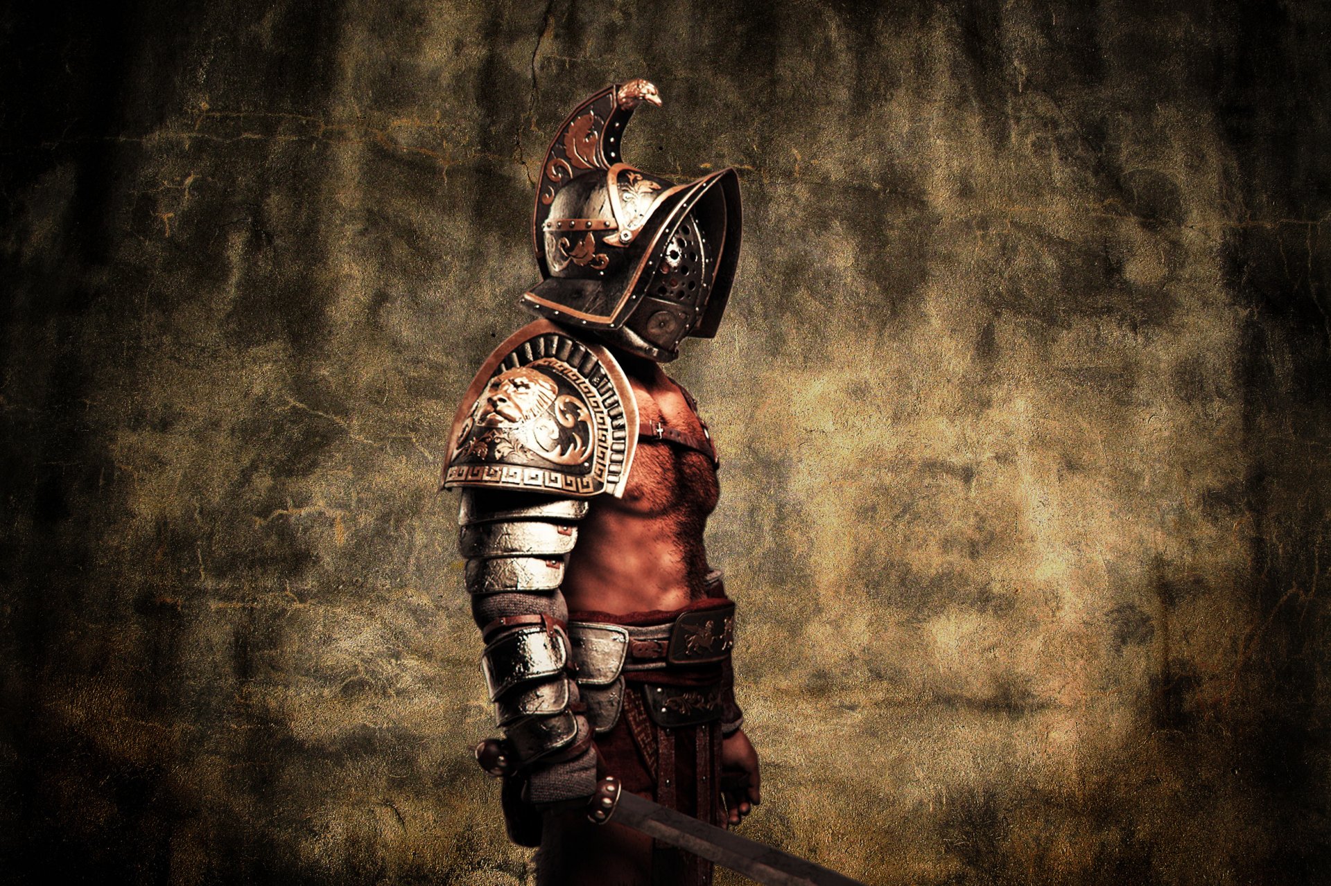 гладиатор воин гладиус шлем стиль доспехи плоть металл мужчина