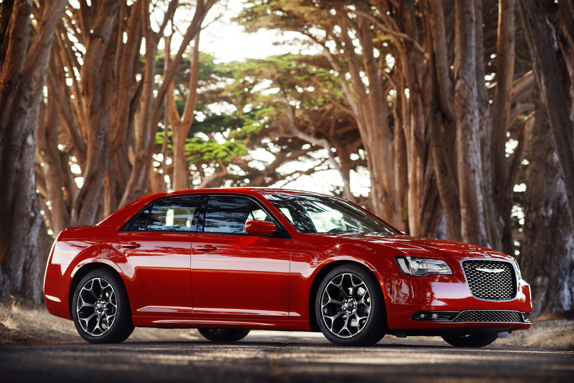 Красный Chrysler в лесу вид сбоку
