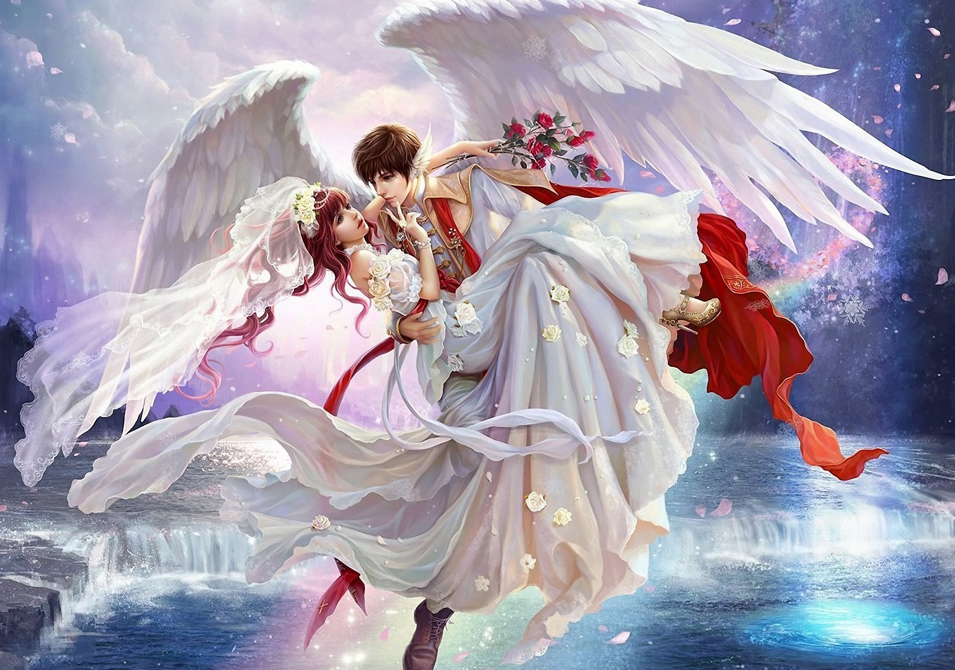 Аниме невеста с цветами в фате и парень с крыльями