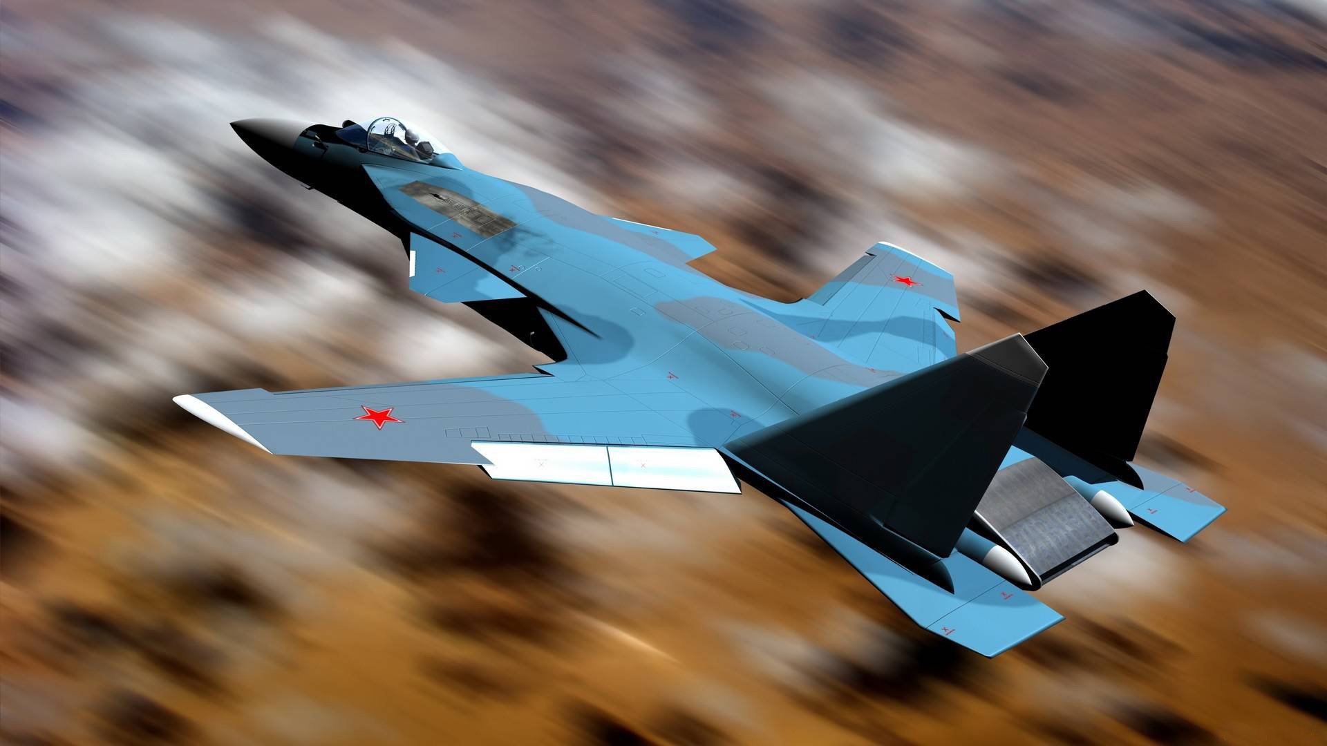 Синий су-47 беркут в полëте на коричневом фоне