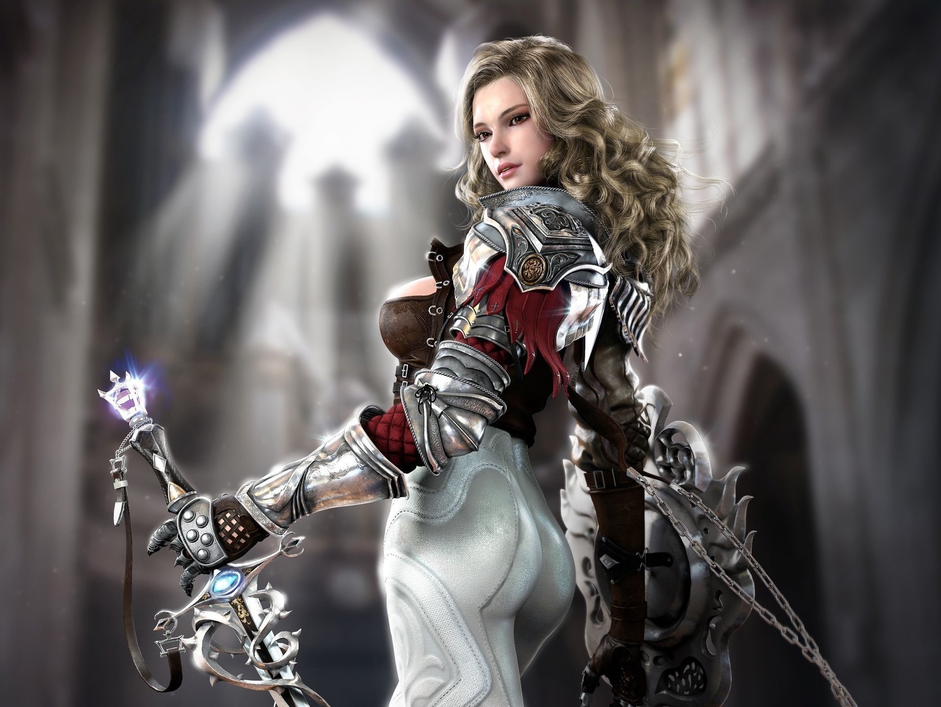 Девушка с мечом и щитом в храме