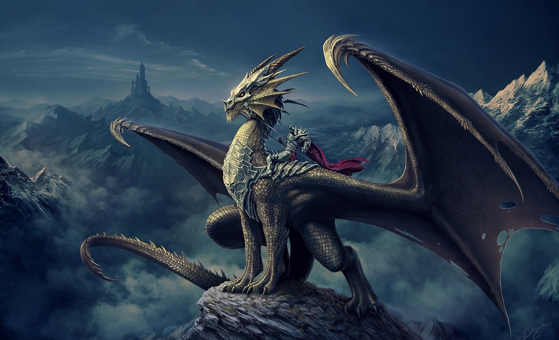Всадник на драконе на скале на фоне башни