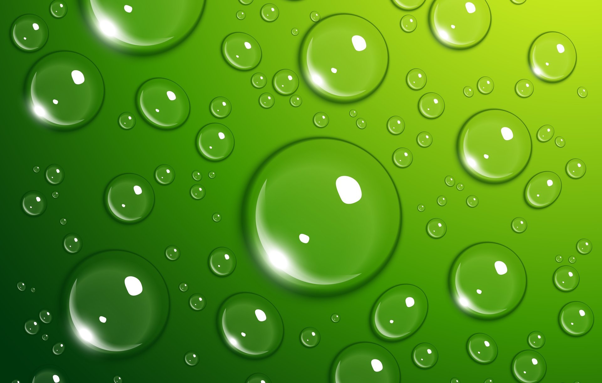 Объемные капли воды на зелёном фоне
