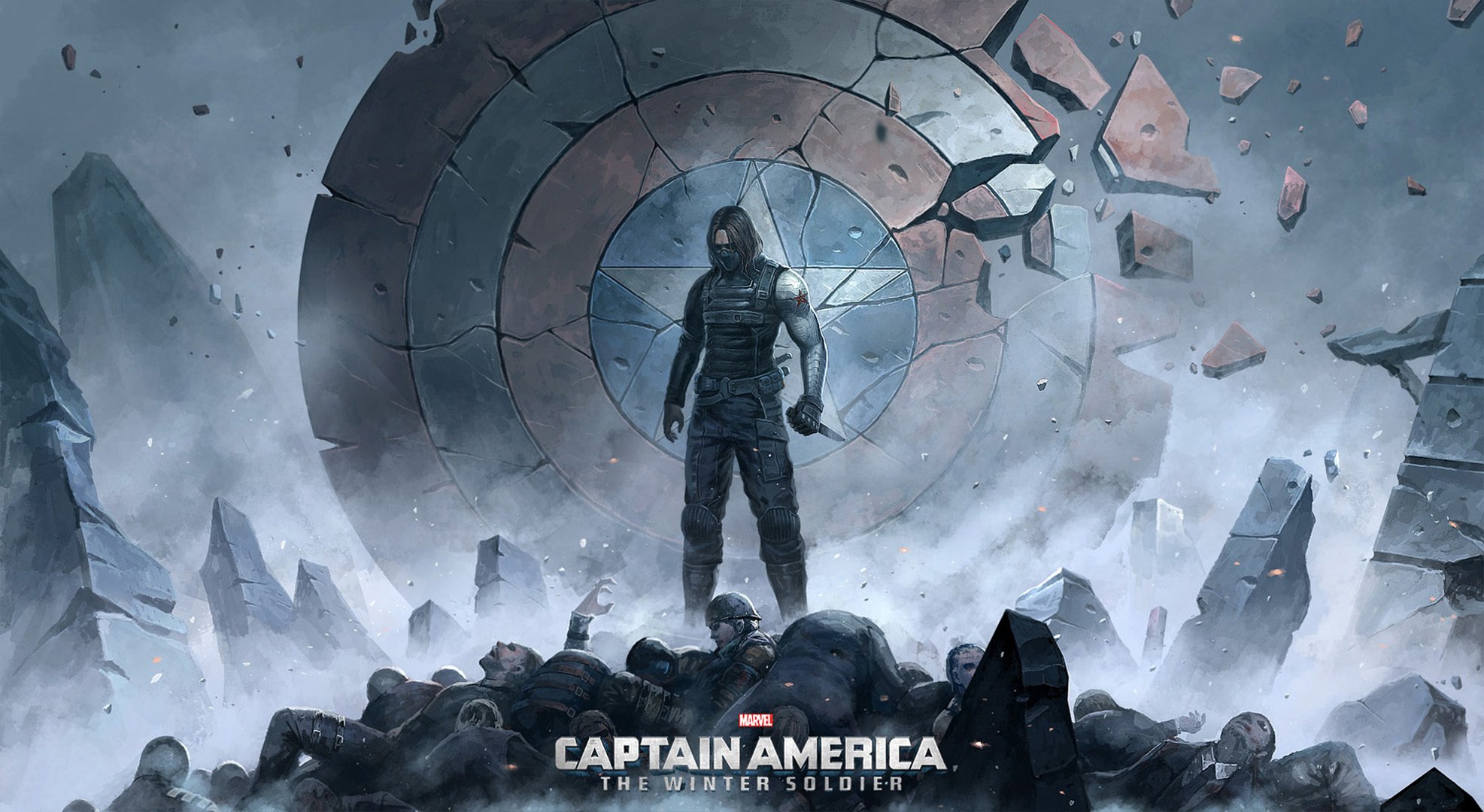 Зимний солдат на фоне разрушенного шита капитана Америки Обои на рабочий ст...