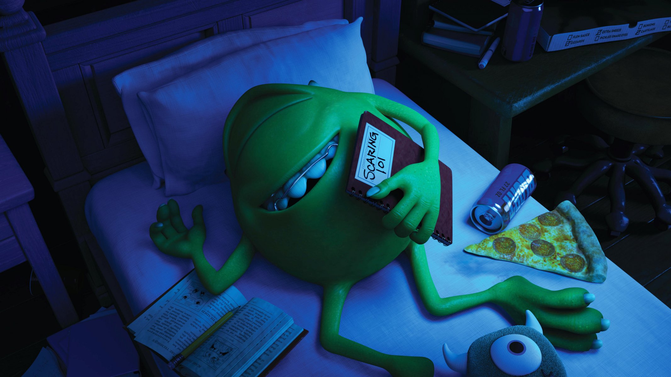 дисней pixar университет монстров корпорация монстров монстры кровать зеленый синий одноглазый улыбка брекеты майк вазовский спящий монстр