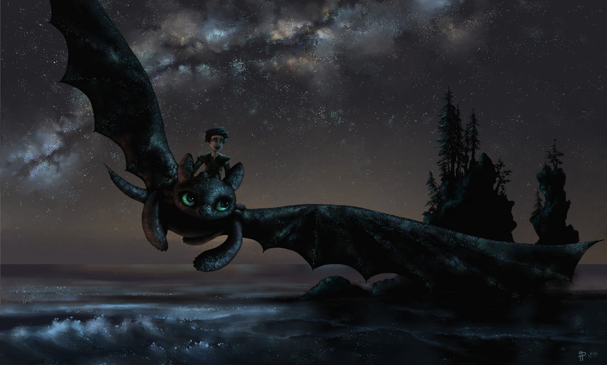 искусство ром- арт дракон беззубик парень настроение радость полет ночь море деревья как приручить дракона