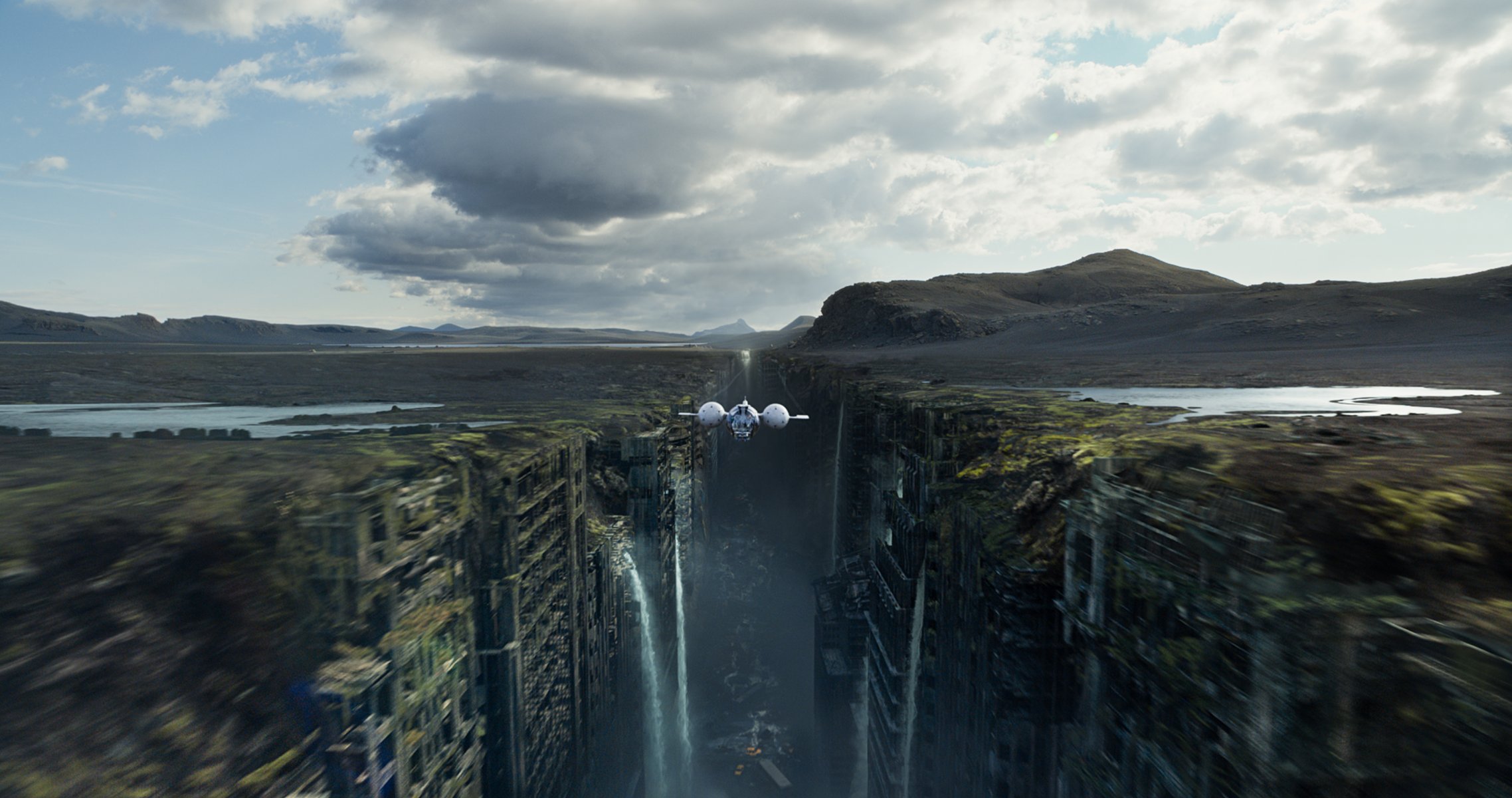 забвение обливион корабль полет руины город ущелье водопады