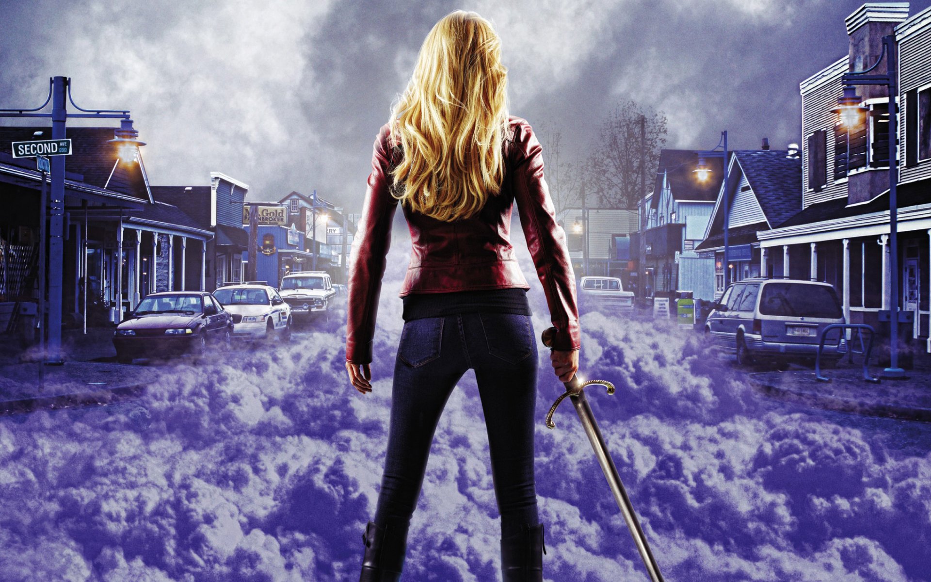 однажды в сказке однажды город туман фиолетовый девушка меч машины красная куртка блондинка тучи