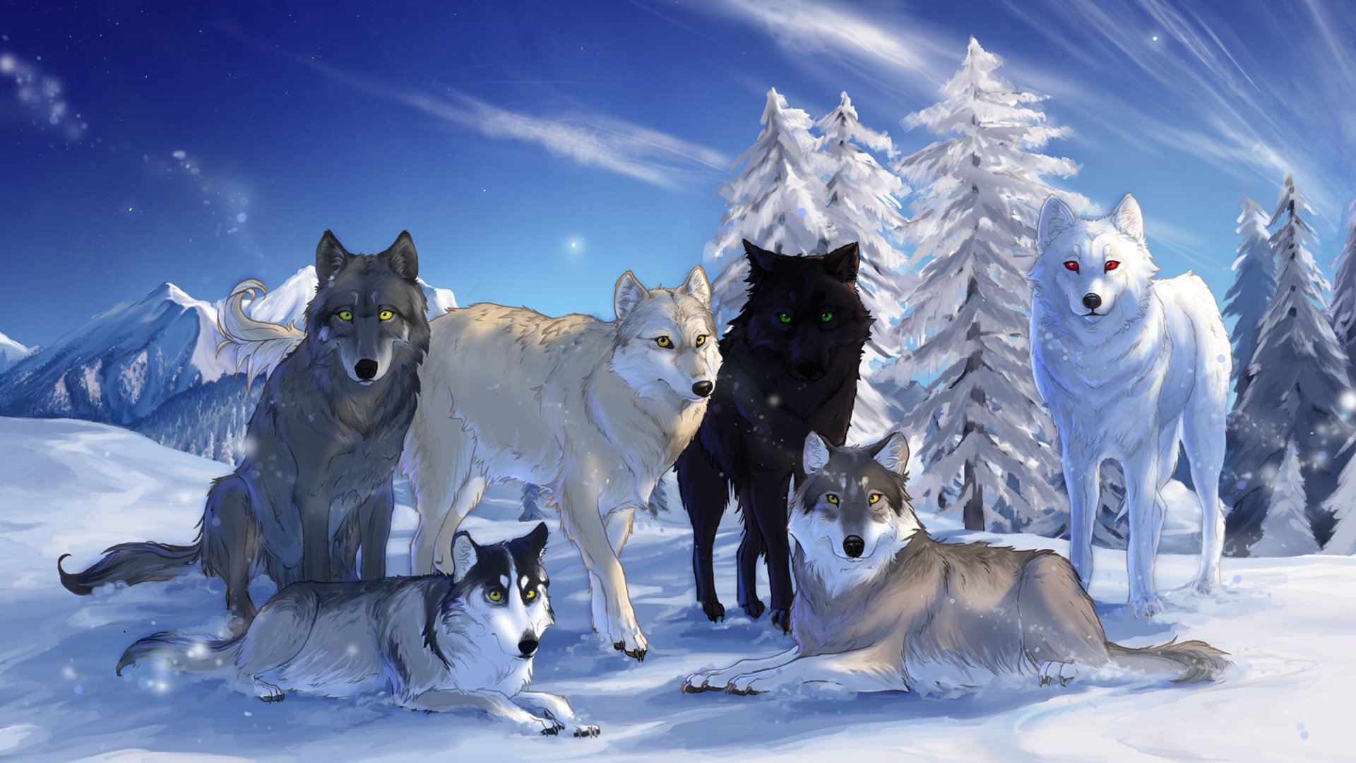 Волки сидят в снежном лесу Обои на рабочий стол.